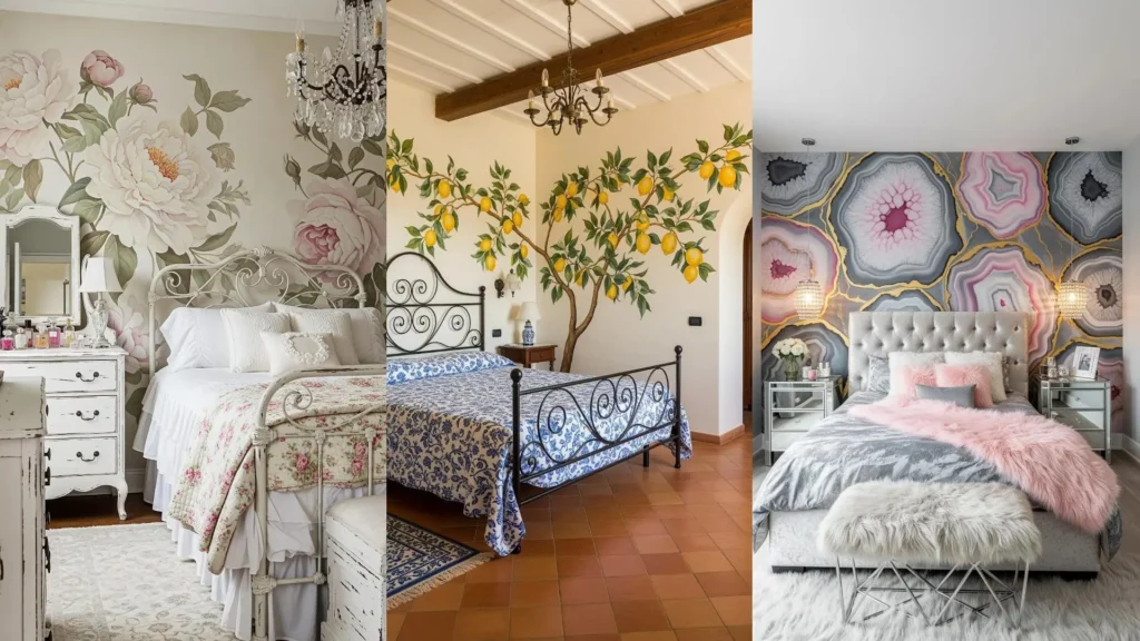 Esempi di camere da letto con murales e pitture a mano: pareti con fiori, limoni e geodi.