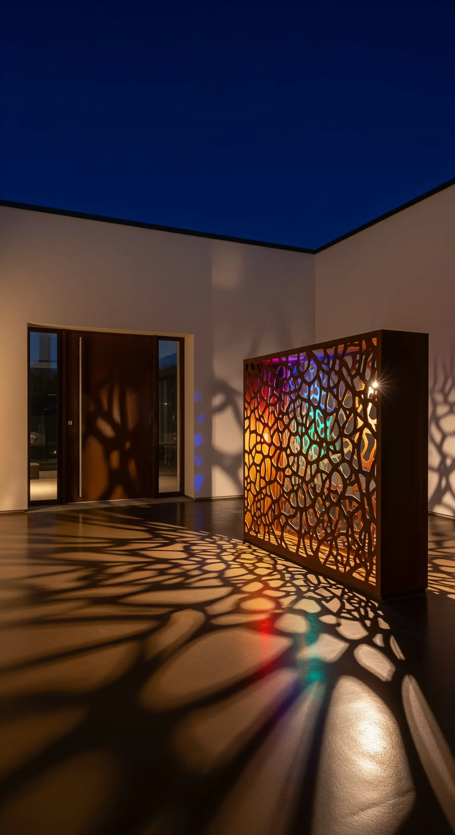 Pannello decorativo in metallo retroilluminato con luci colorate che proietta ombre elaborate.
