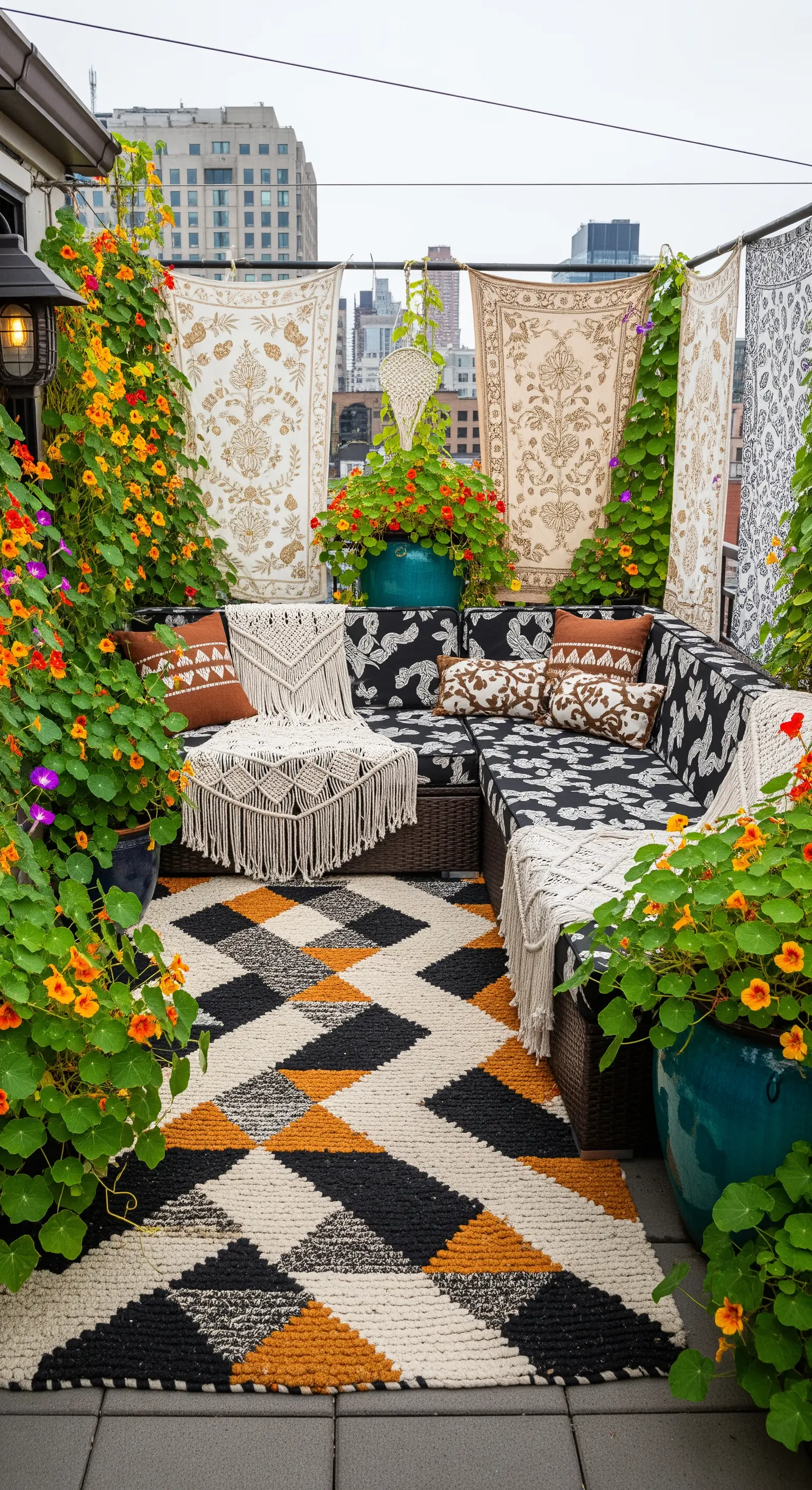 Terrazza urbana con divano angolare, teli indiani usati come divisori e vasi di fiori rampicanti.