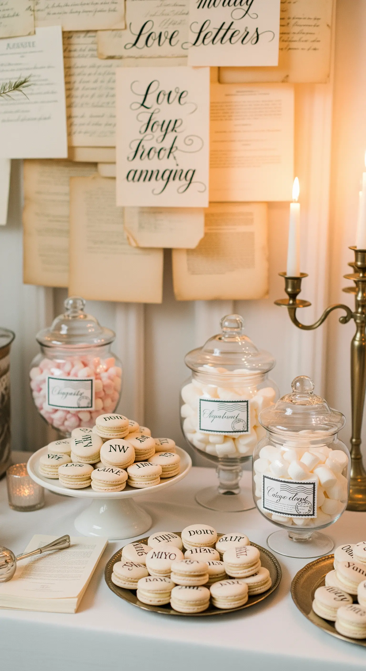Candy bar con sfondo di lettere d'amore e macarons personalizzati con scritte.