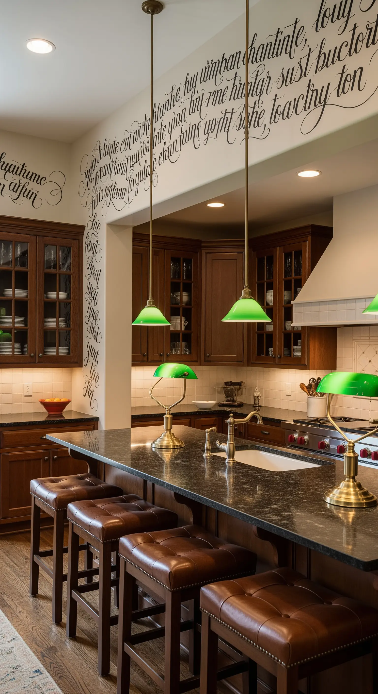Cucina tradizionale con un murale calligrafico che si estende sulle pareti.