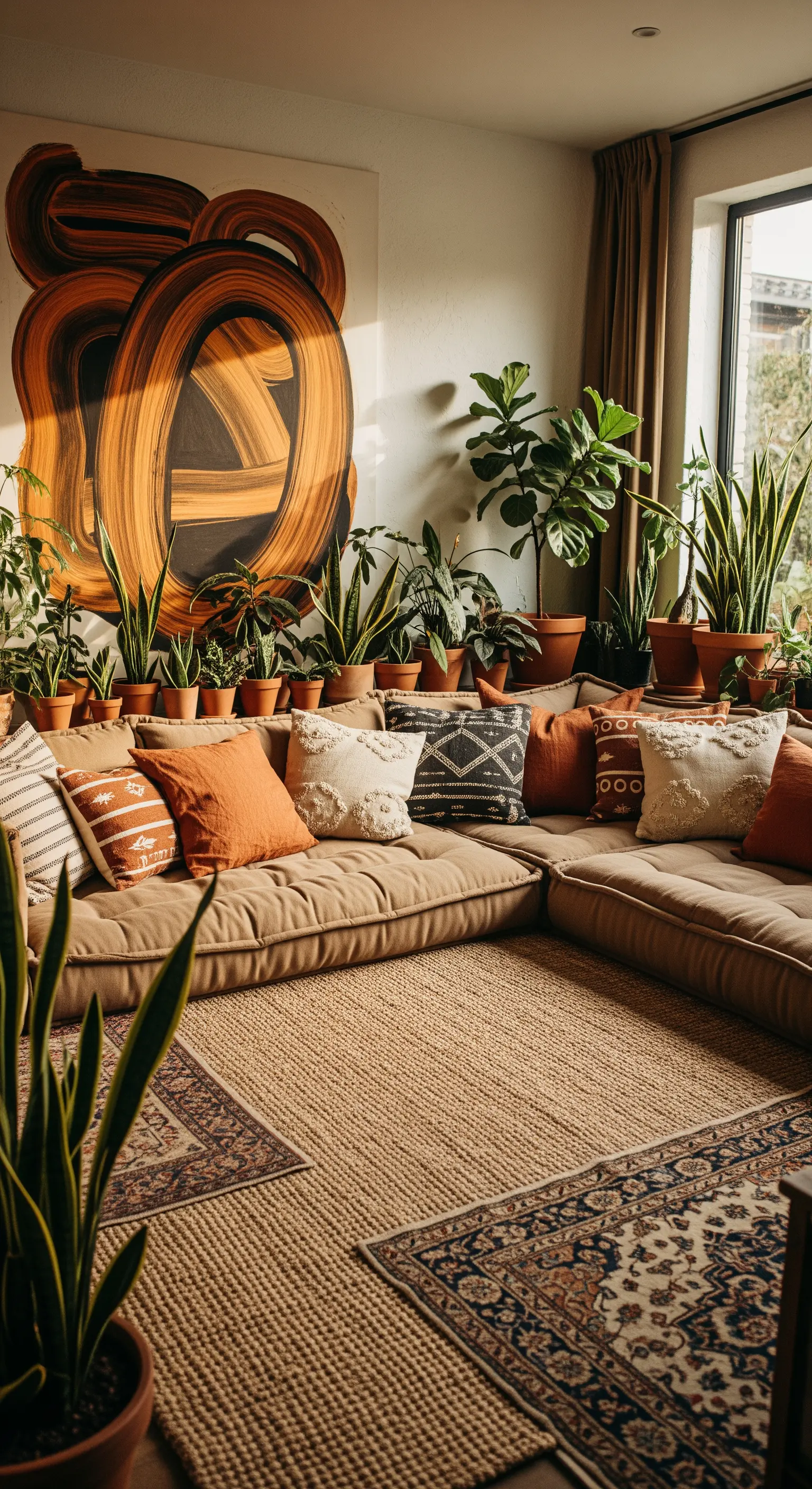 Salotto bohémien con divano basso color terra, piante e tappeti in fibra naturale.