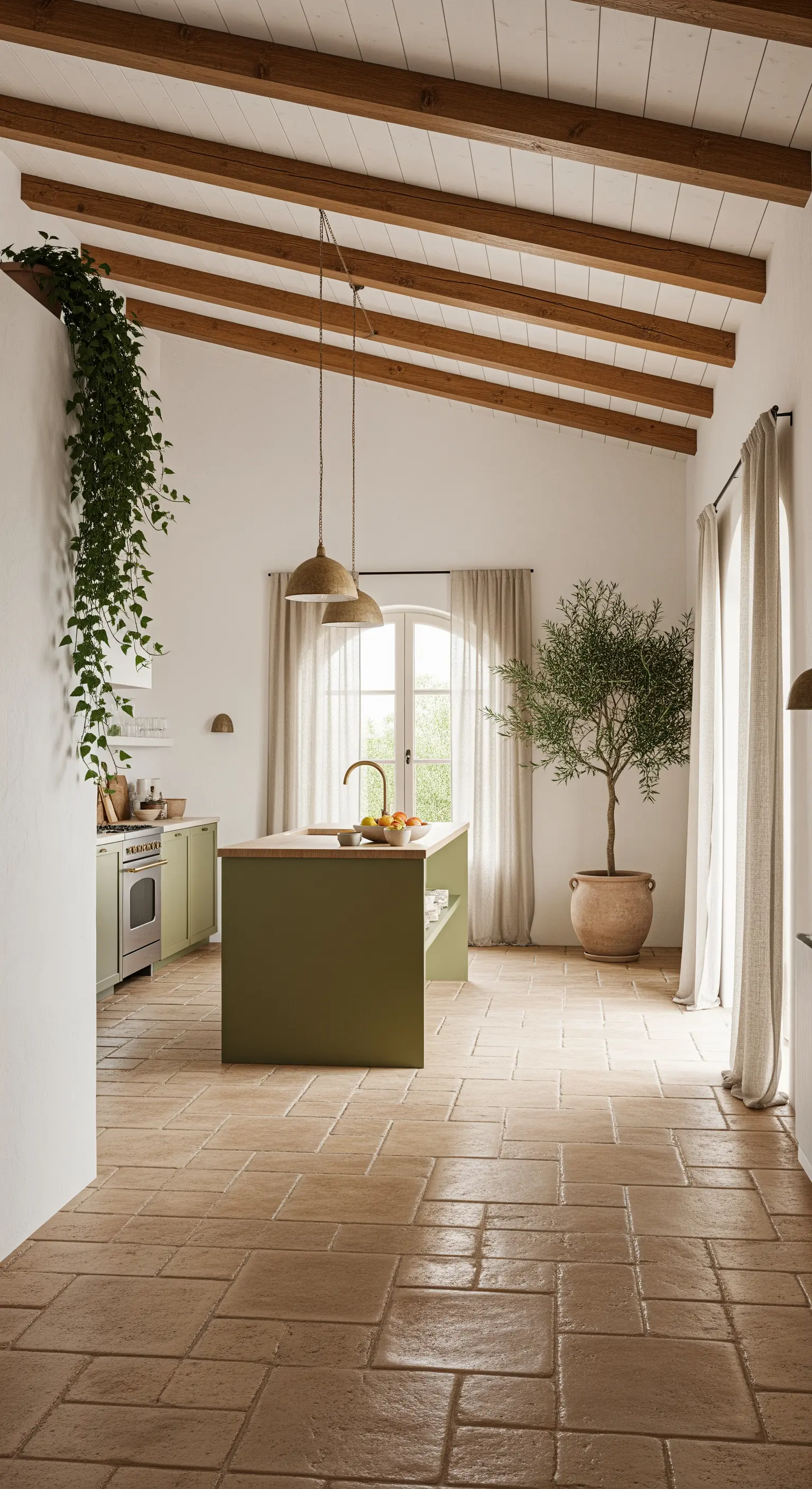 Cucina luminosa con pavimento in cotto, isola verde salvia e travi a vista in legno.