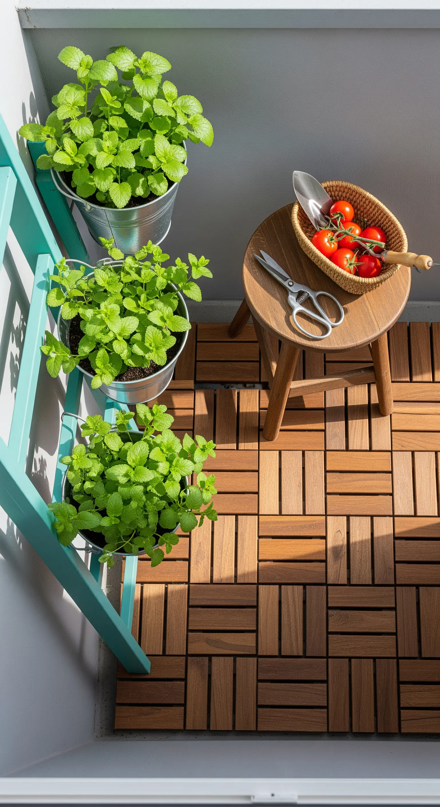 Vista dall'alto di un piccolo balcone con pavimento in legno a incastro e piante di menta.