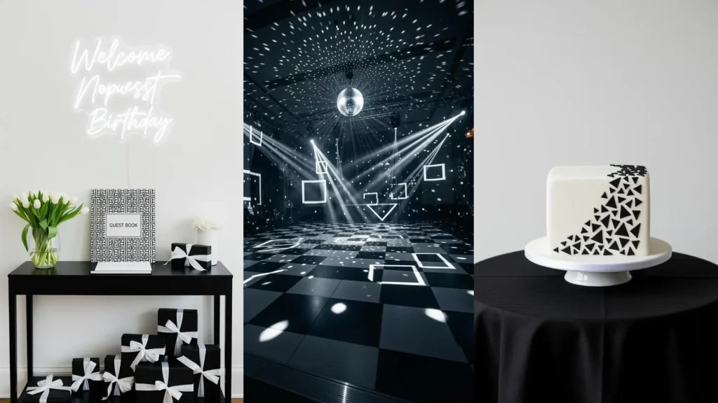 Scena di un party sofisticato in bianco e nero: torta con dettagli geometrici, regali, luci d'atmosfera e un welcome sign minimal.