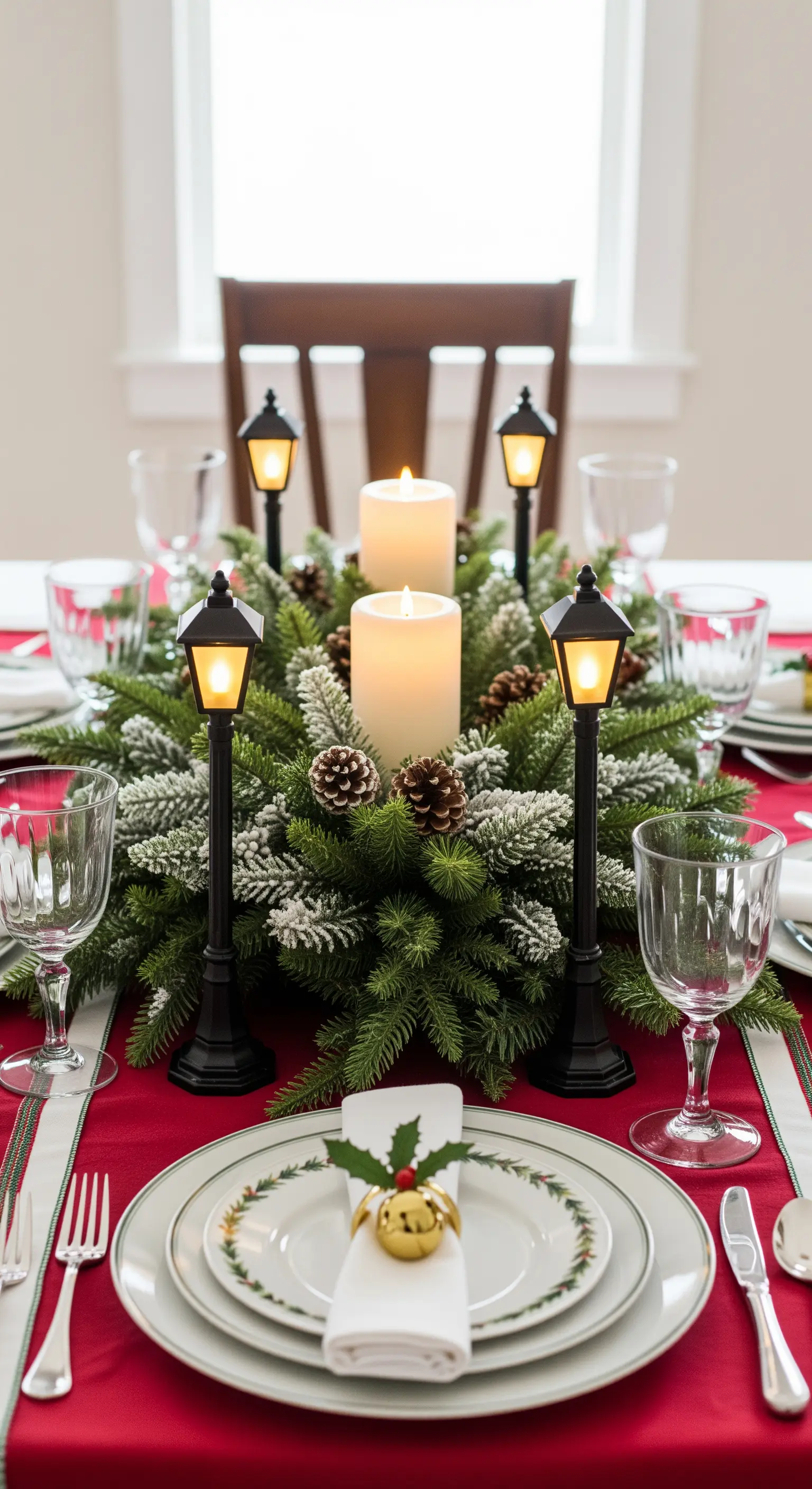 Centrotavola natalizio con pino innevato, candele e lampioni in miniatura.