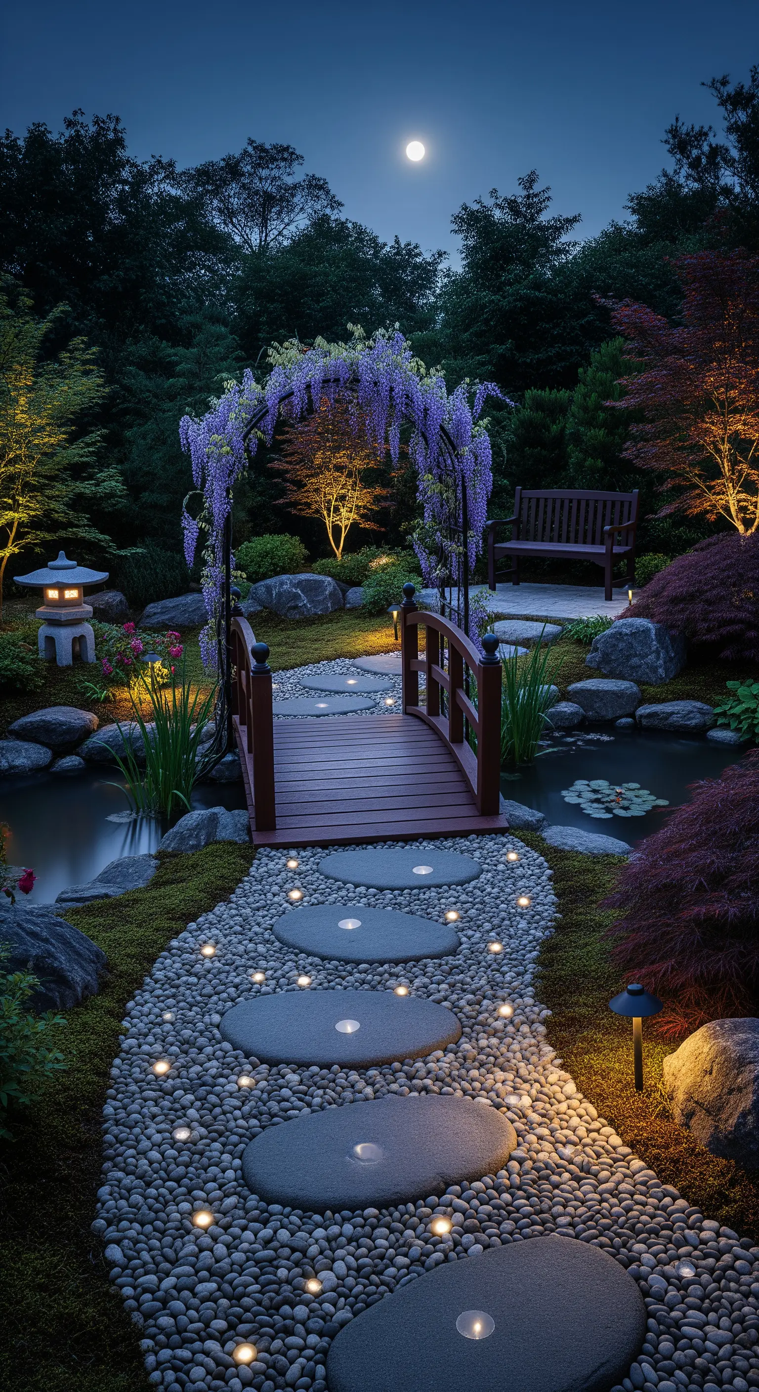 Giardino giapponese con sentiero di ciottoli e pietre illuminate che attraversa un piccolo stagno.