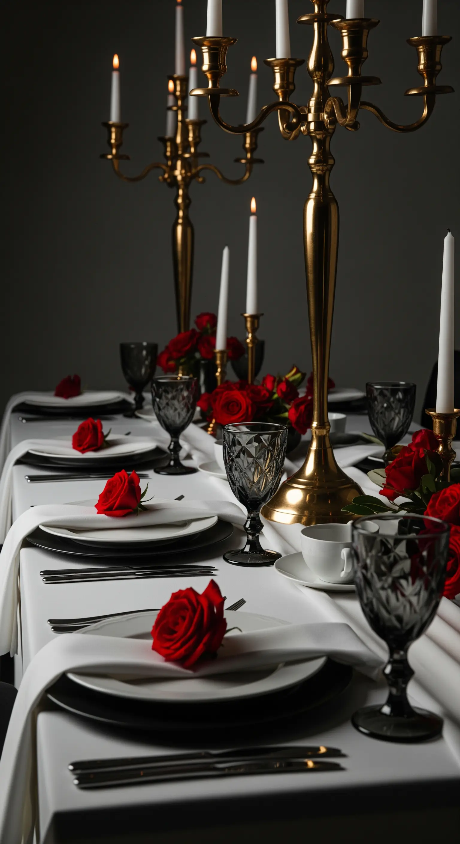 Tavola in bianco e nero con una singola rosa rossa su ogni piatto.