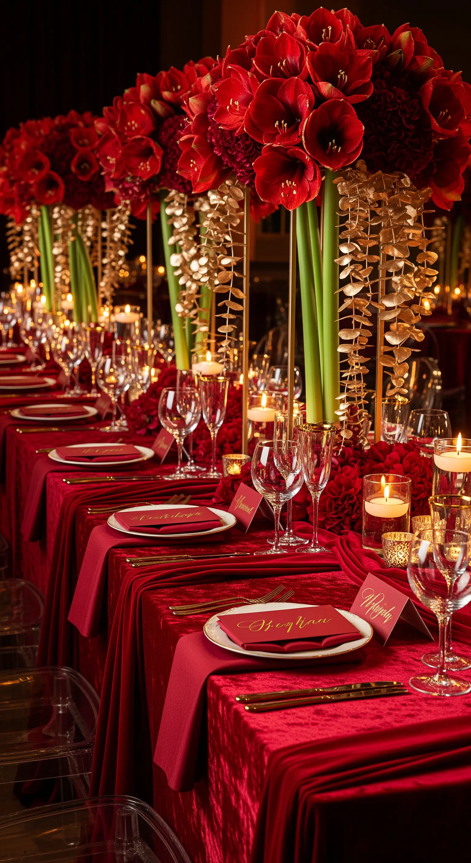 Lunga tavolata con tovaglie in velluto rosso, fiori rossi e dettagli dorati.