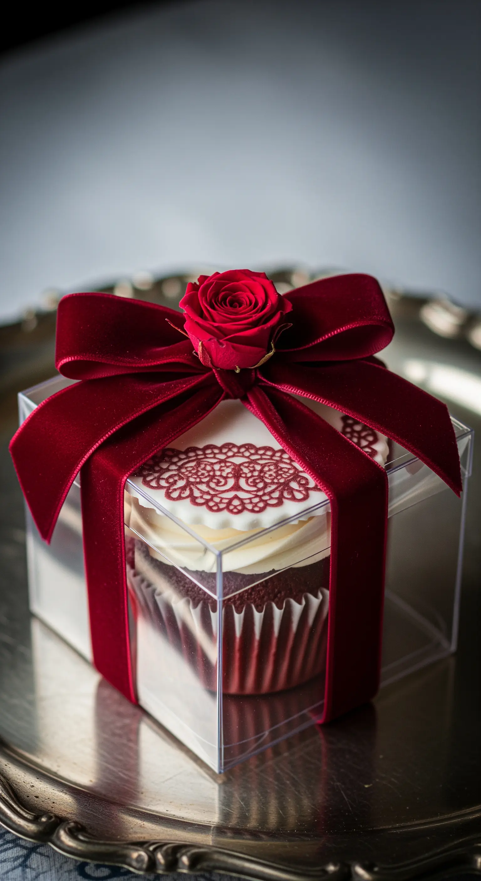 Cupcake red velvet con decorazione in pizzo e nastro di velluto rosso.