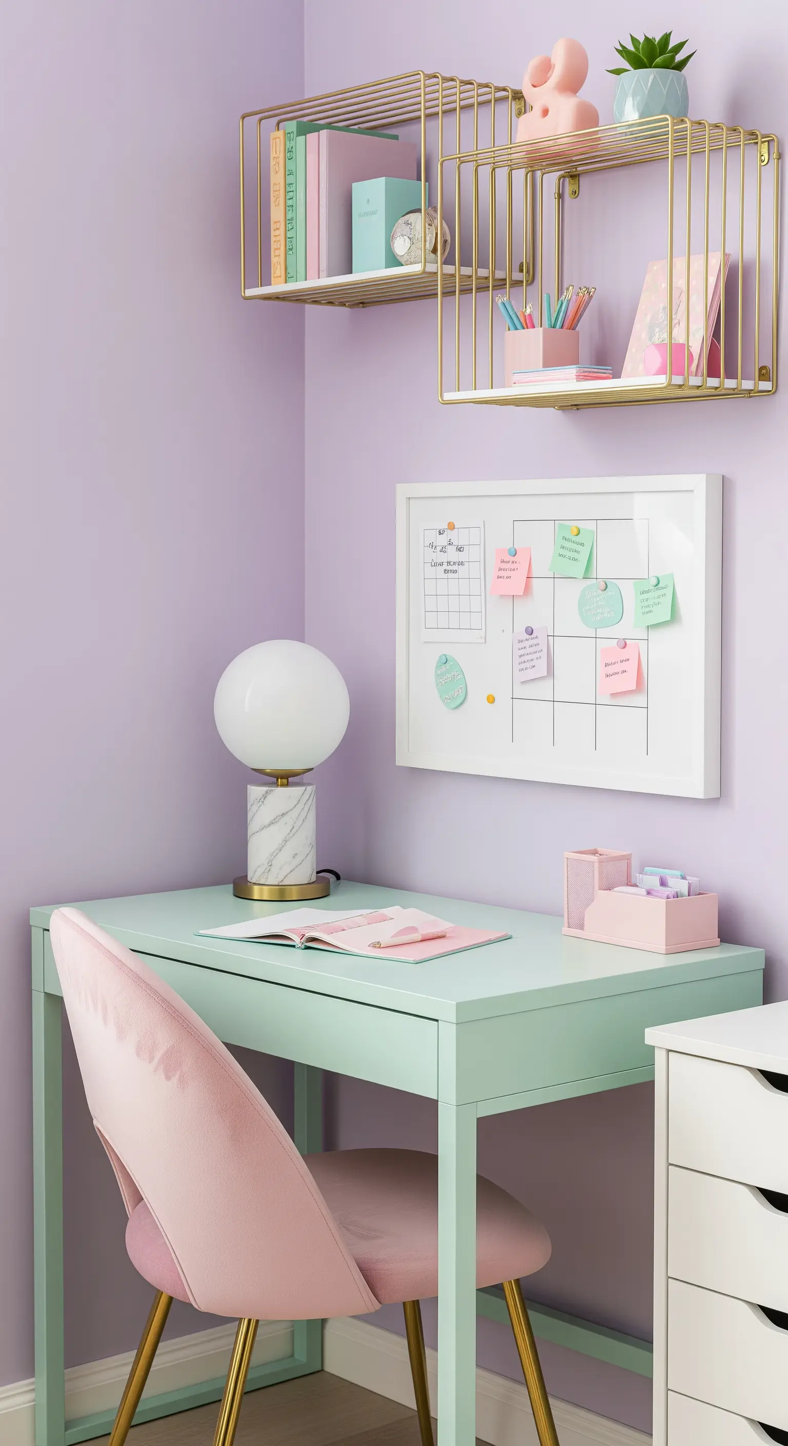 Scrivania verde menta e sedia rosa in una stanza con pareti lavanda e mensole dorate.