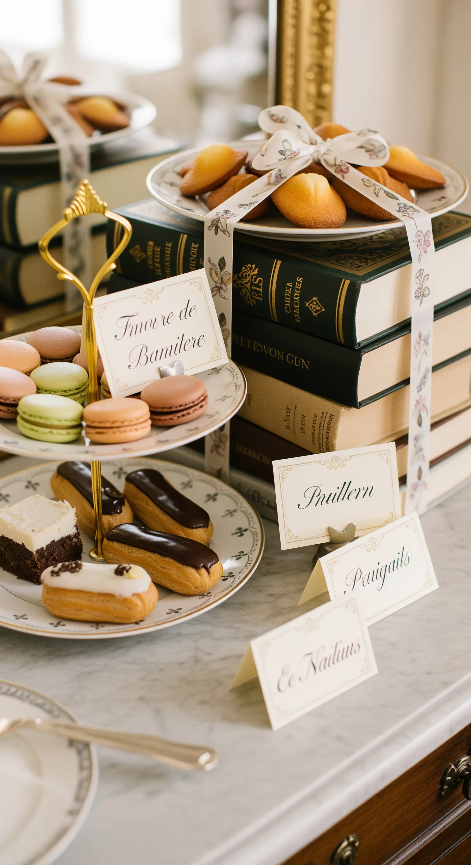 Buffet di pasticceria francese con macaron ed éclair, esposti vicino a una pila di libri antichi.