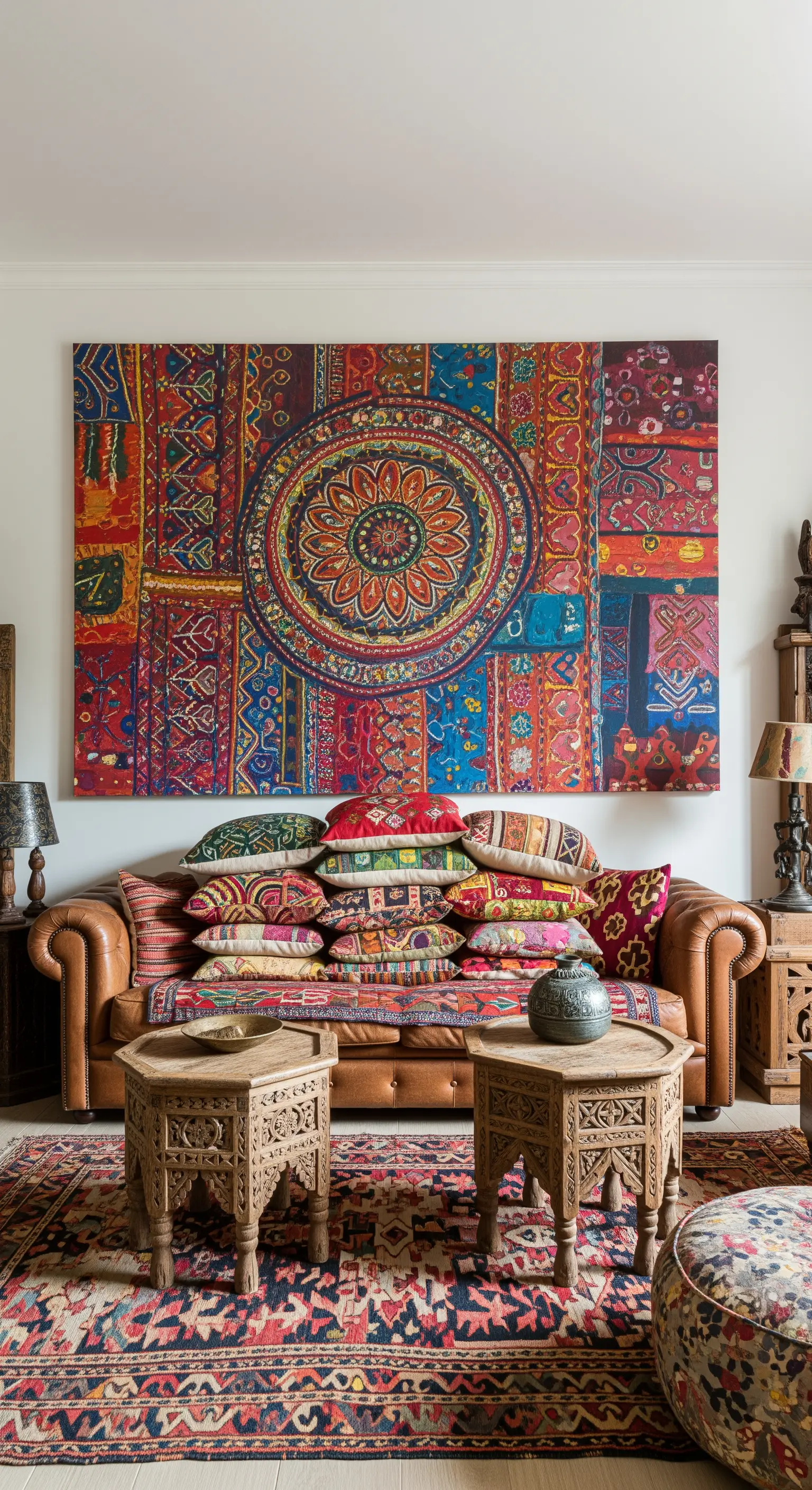 Grande quadro in stile patchwork etnico sopra un divano in pelle stracolmo di cuscini colorati.