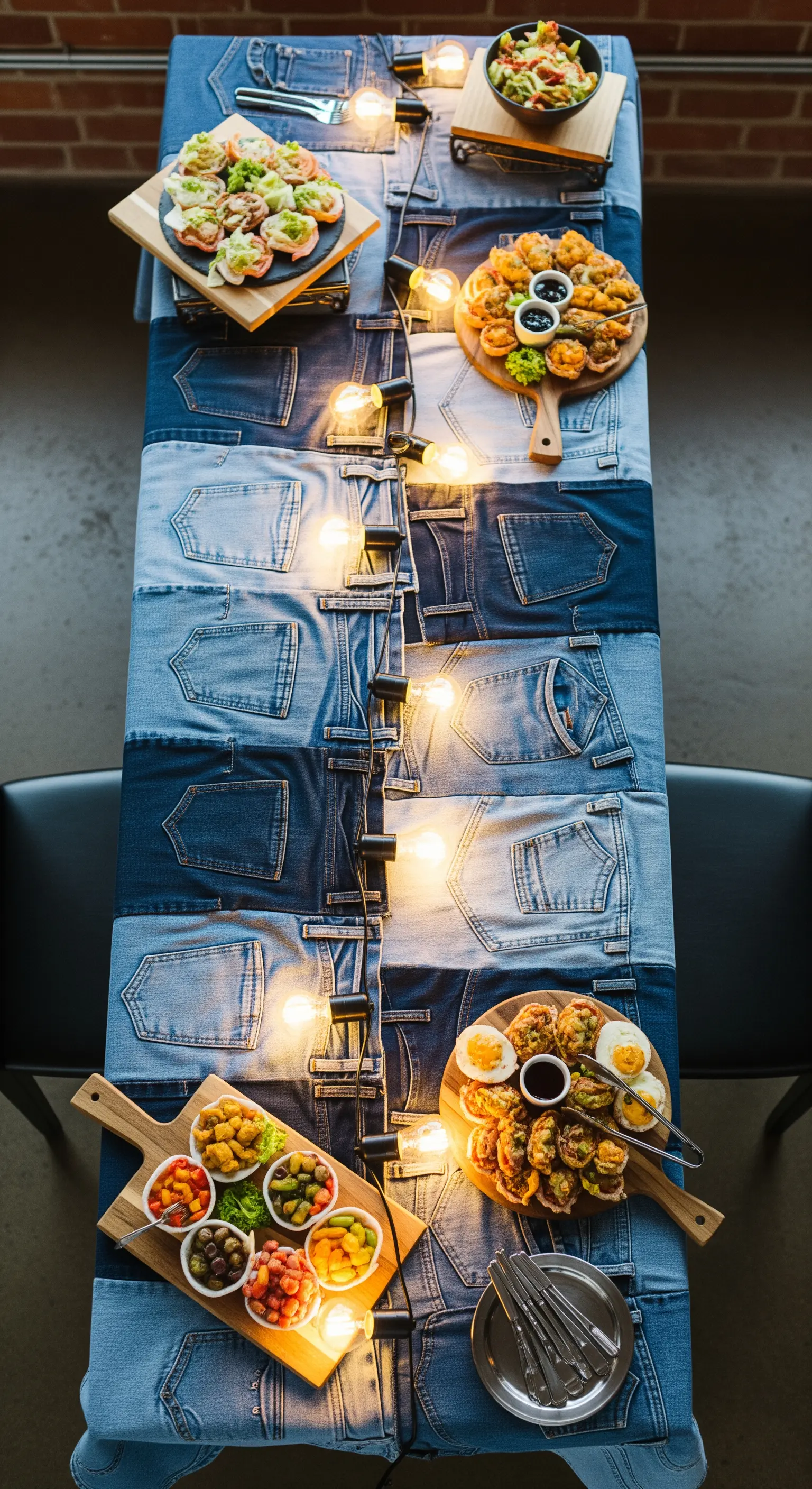 Runner patchwork creato con tasche di jeans e illuminato da lampadine a bulbo.