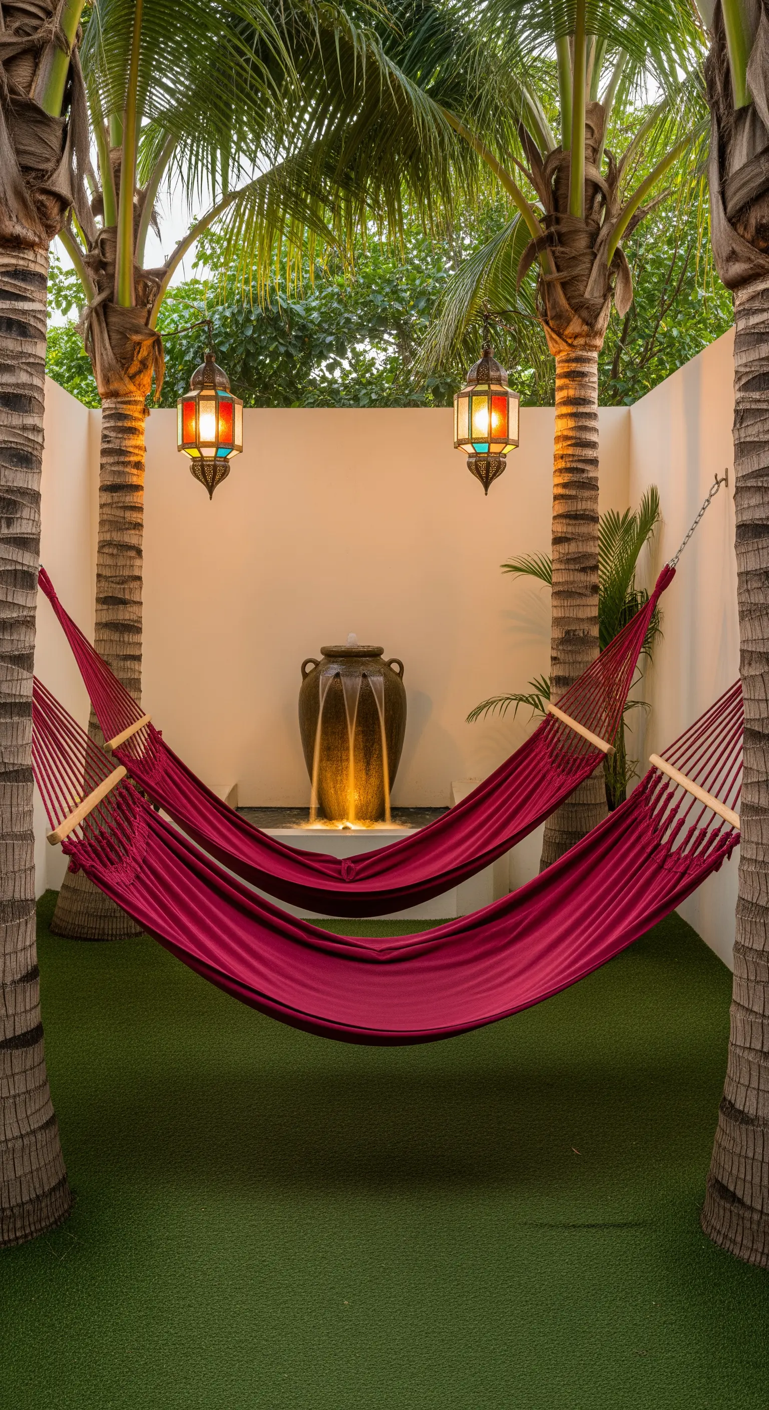 Due amache rosse in un patio intimo con palme, una fontana a muro e lanterne marocchine