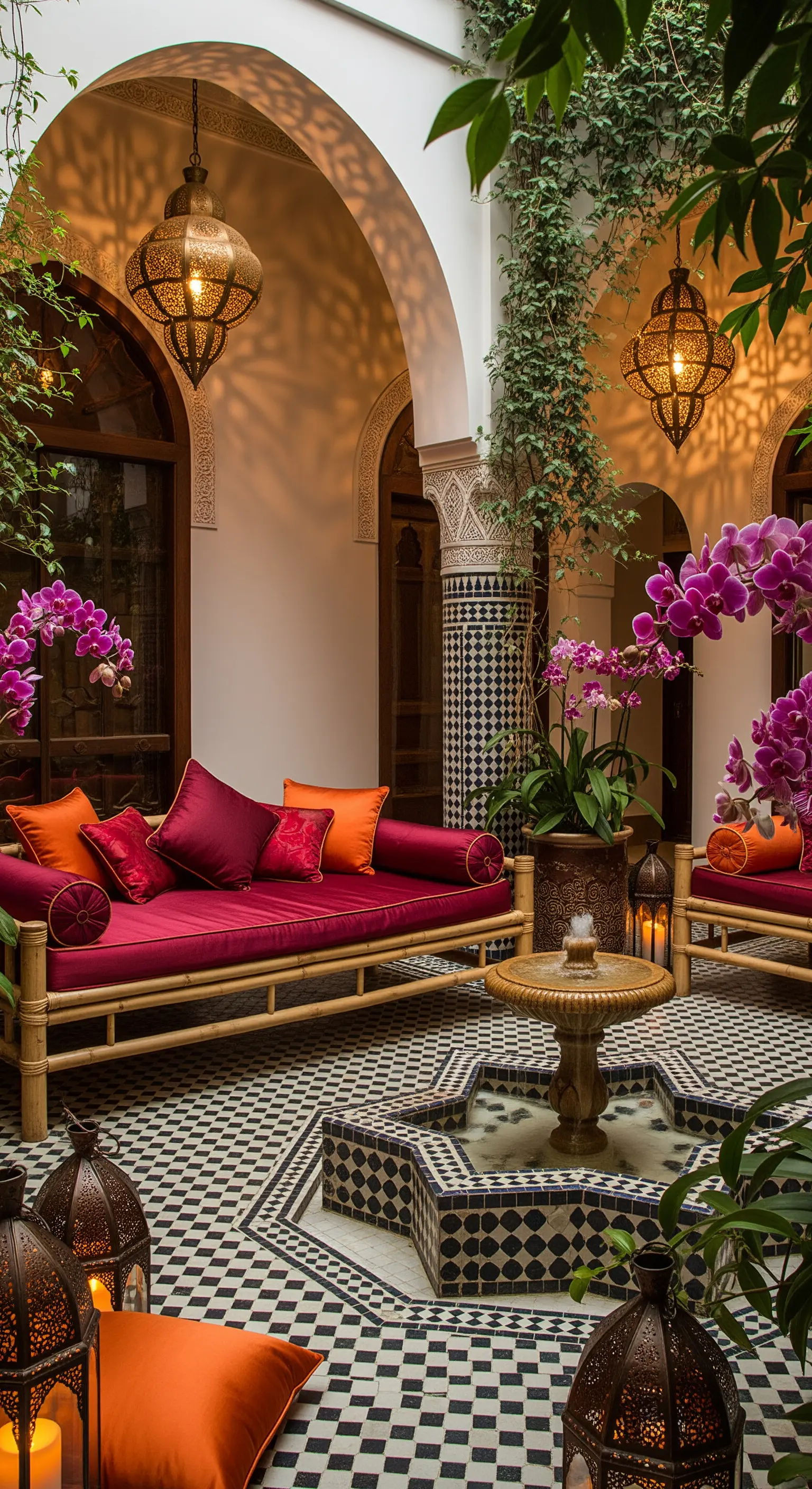Patio in stile marocchino con piastrelle geometriche, fontana, lanterne e daybed rossi.