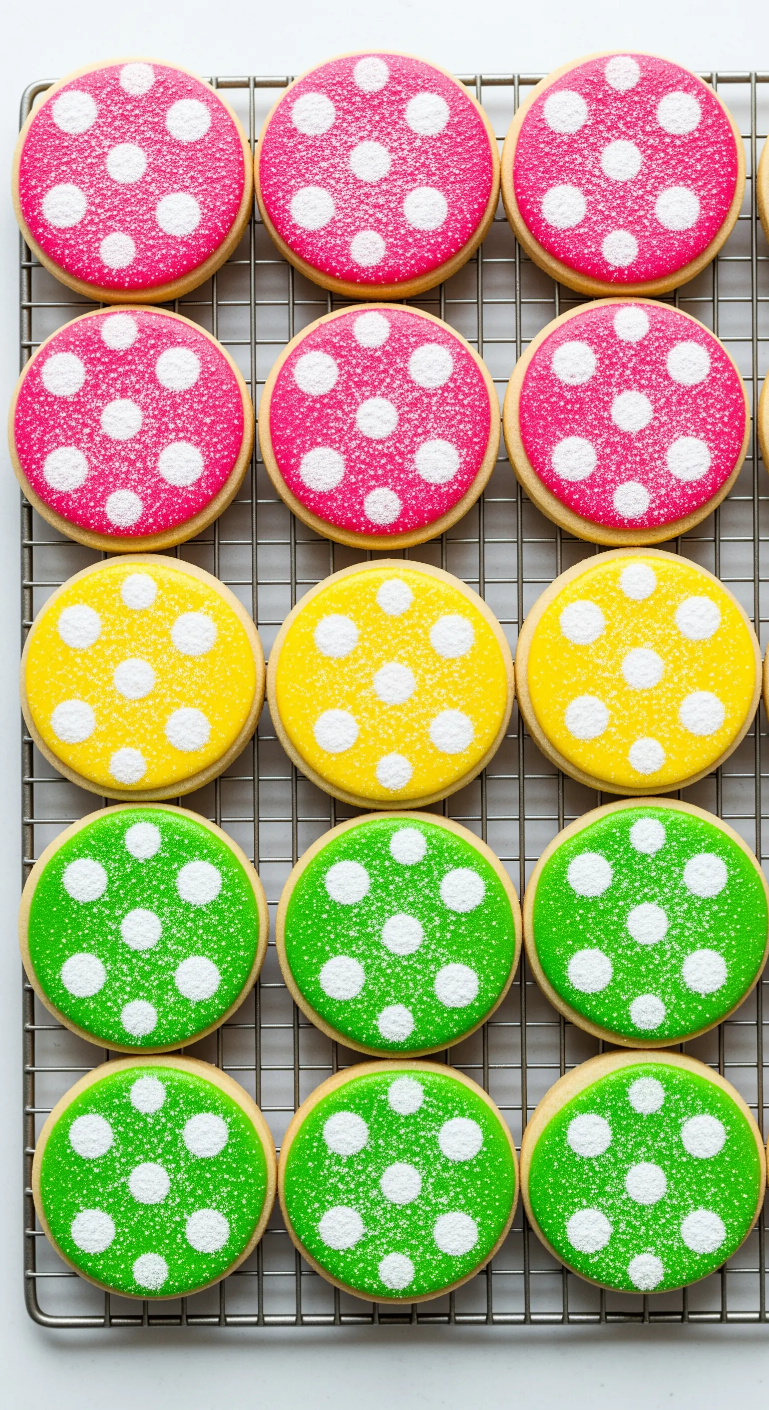 Biscotti tondi con glassa rosa, gialla e verde, decorati con un motivo a pois bianchi.