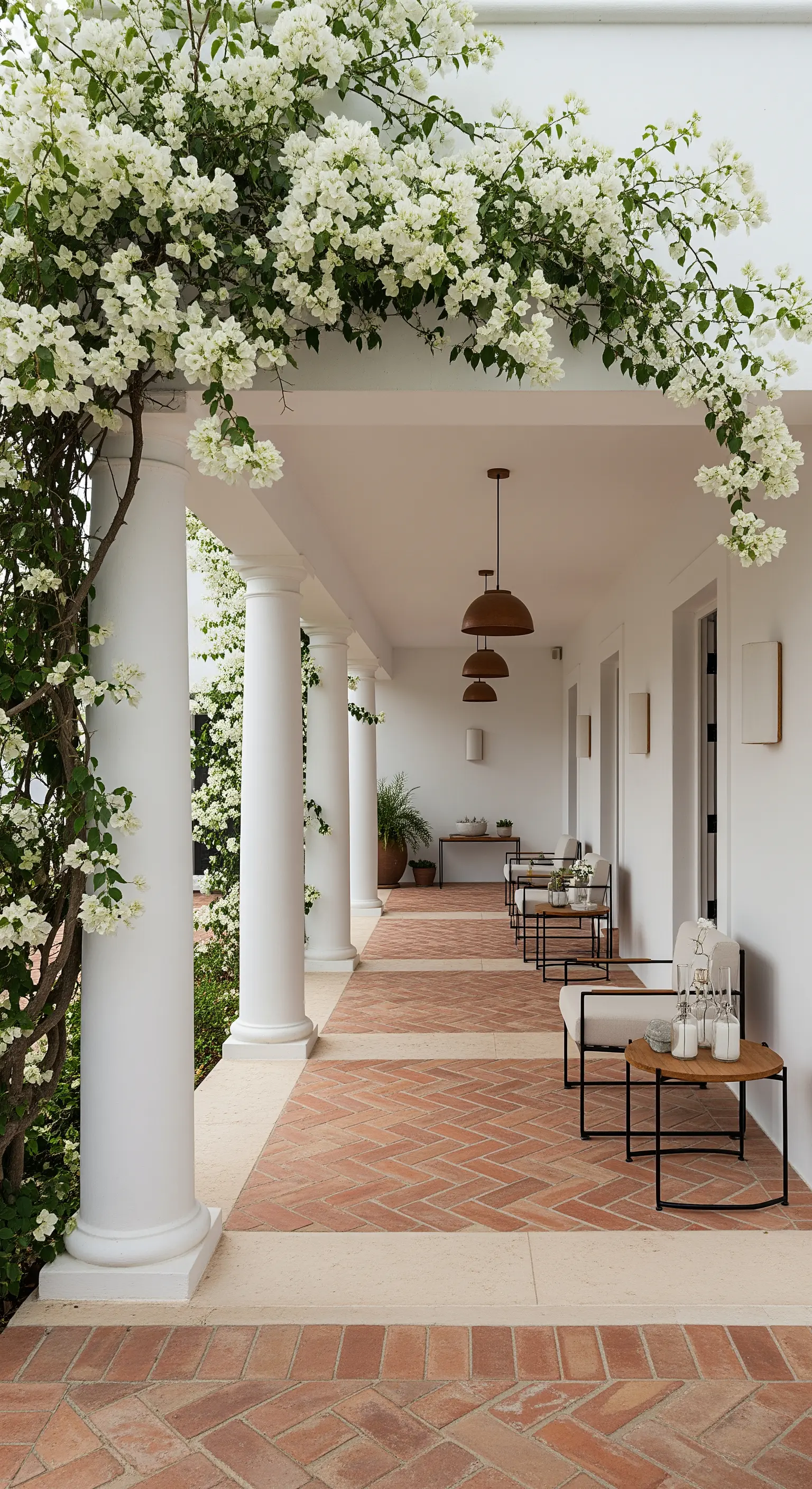 Portico con pavimento in cotto posato a spina di pesce e arredi moderni minimalisti