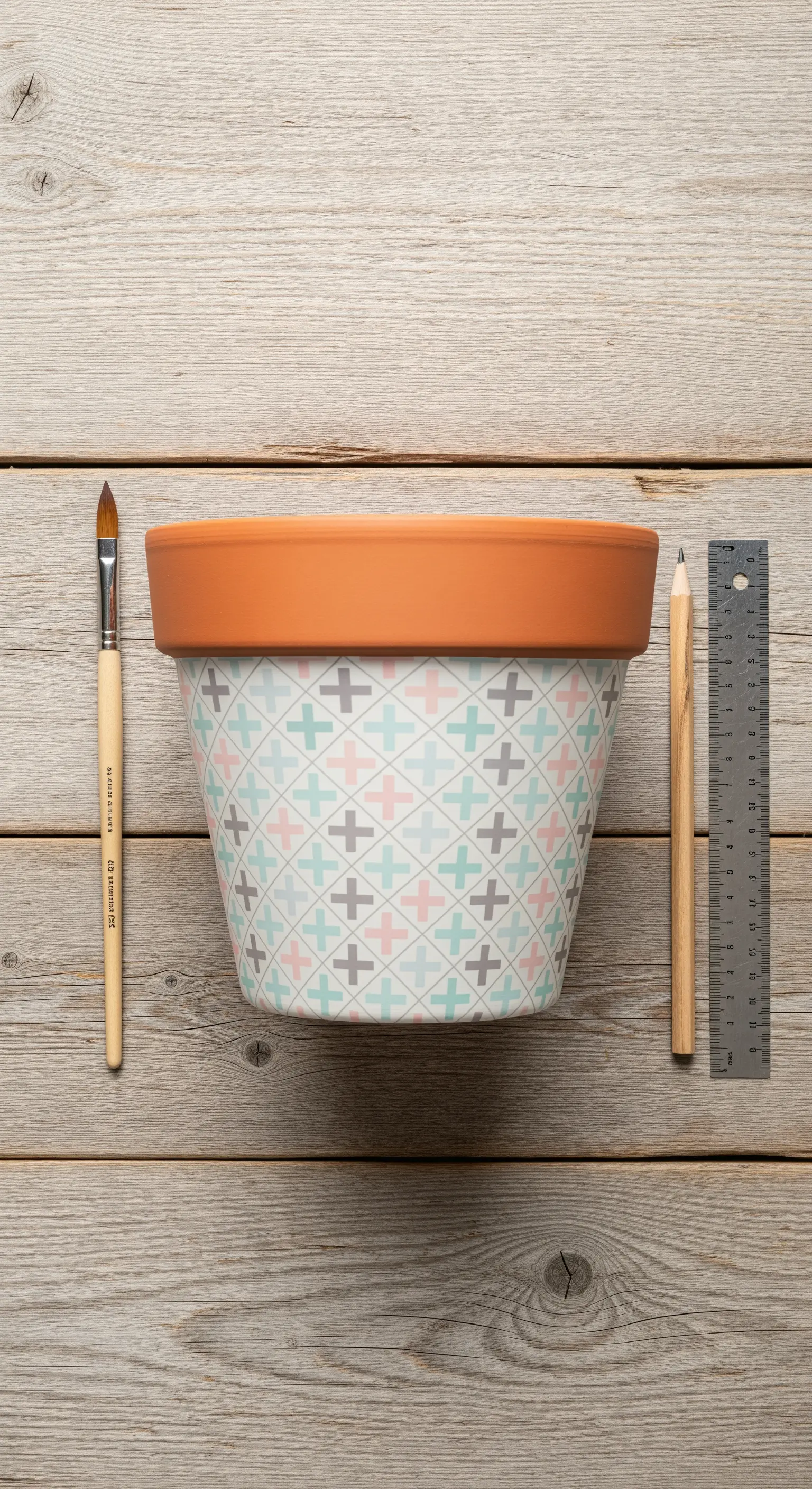 Vaso di terracotta con un pattern di piccole croci in colori pastello, accanto a righello e pennello.