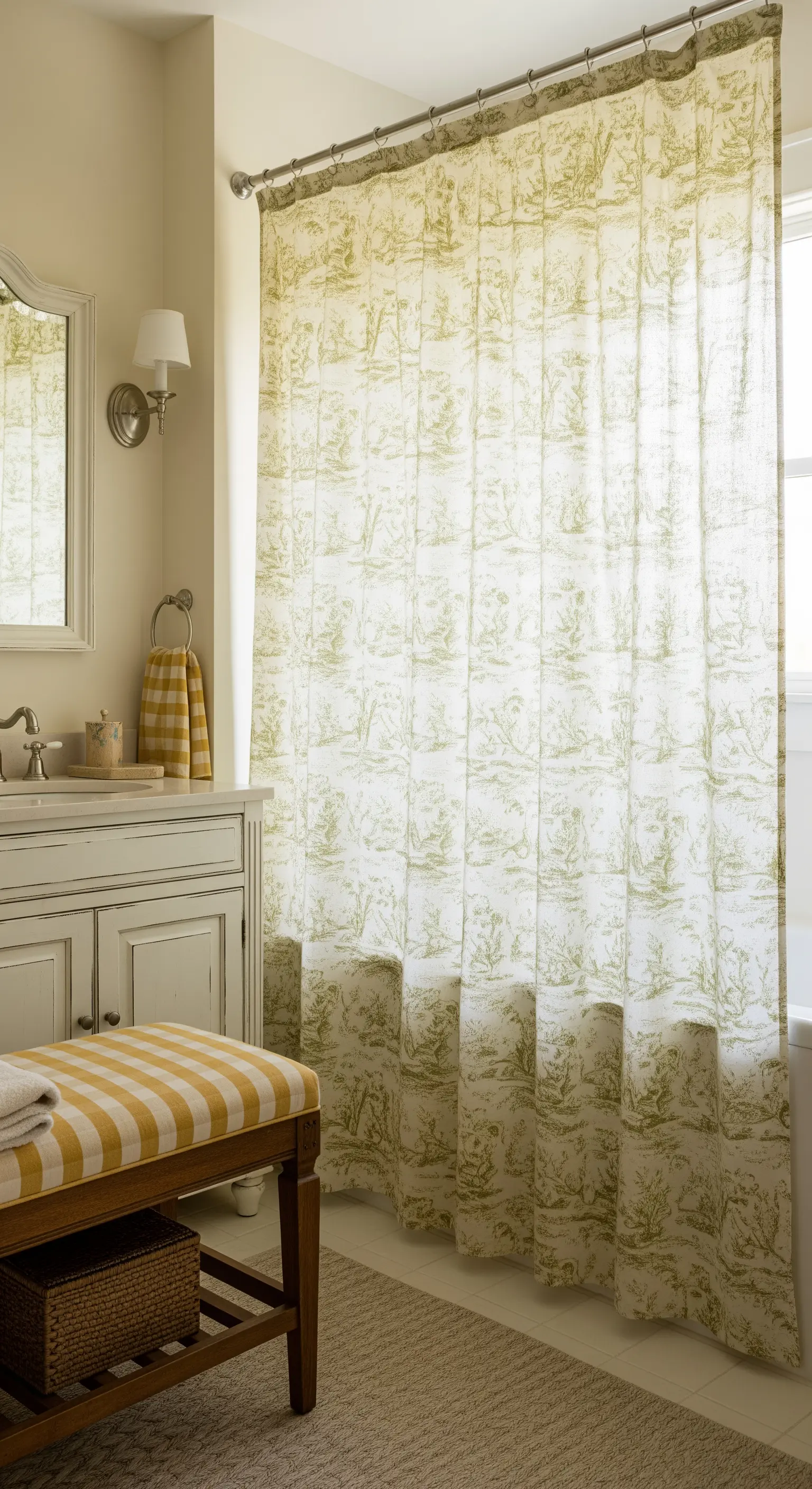 Bagno in stile country con tenda da doccia in stampa Toile e panca a righe gialle.
