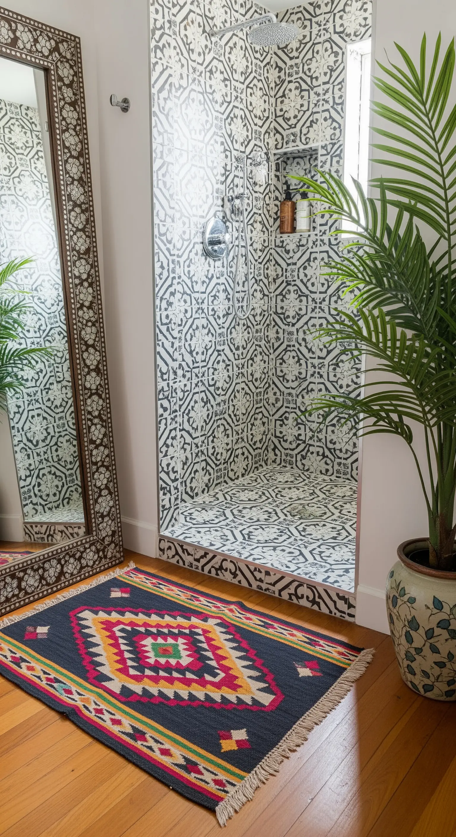 Bagno con doccia a filo pavimento piastrellata e tappeto kilim dai colori vivaci.