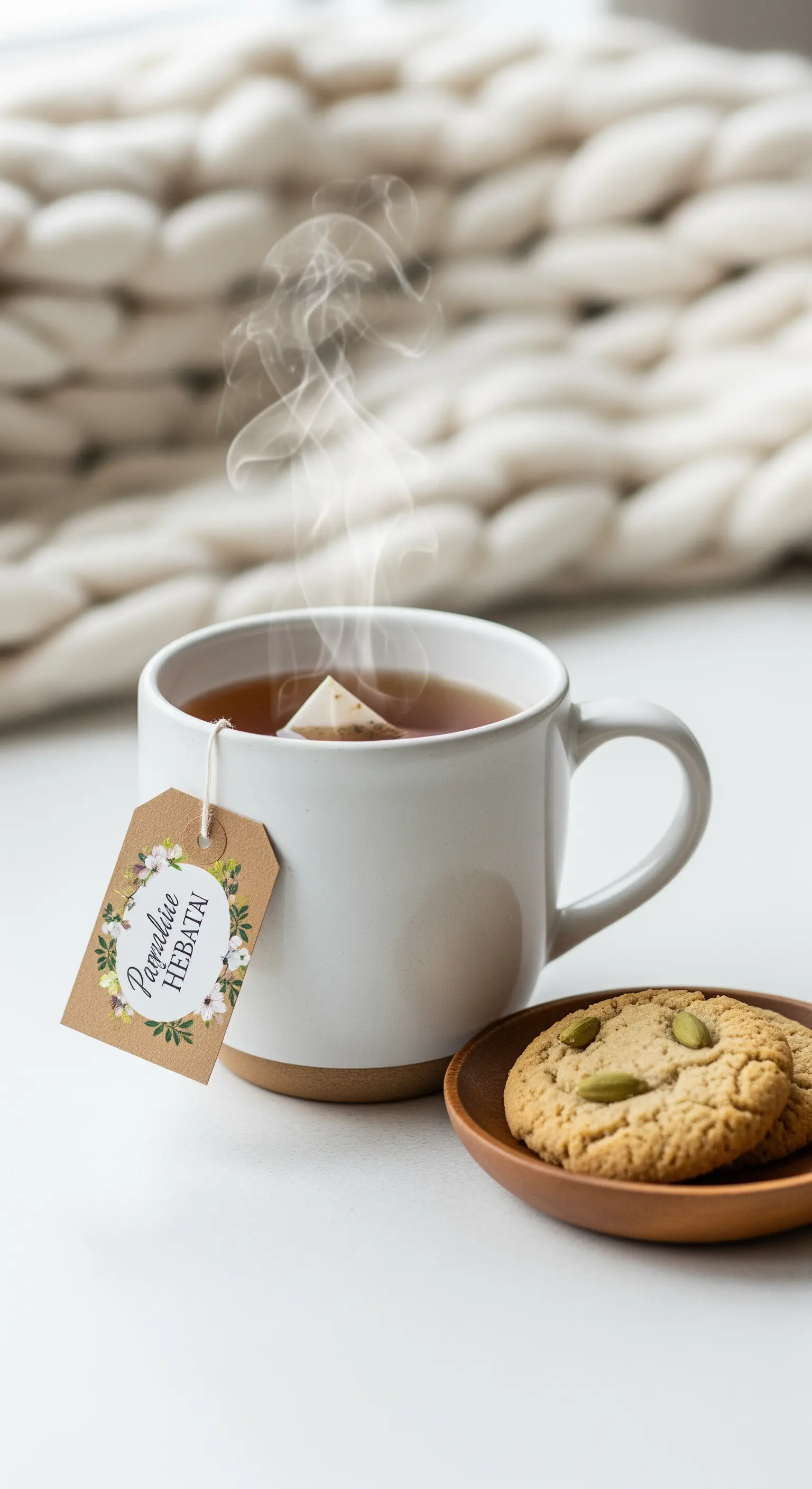 Tazza di tè fumante con biscotti al pistacchio e un'etichetta floreale personalizzata.