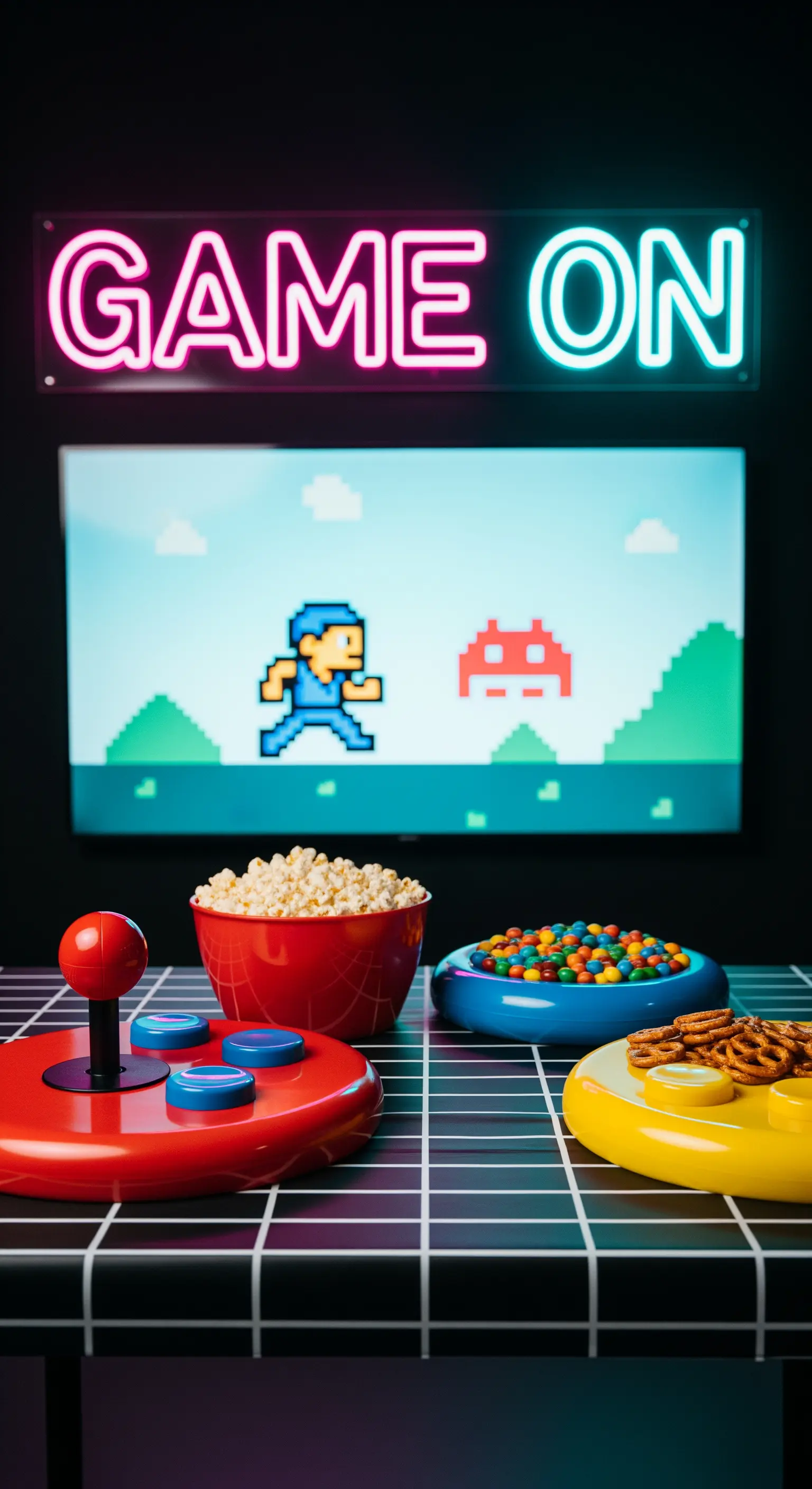 Angolo videogiochi con scritta al neon, snack colorati e un joystick vintage.
