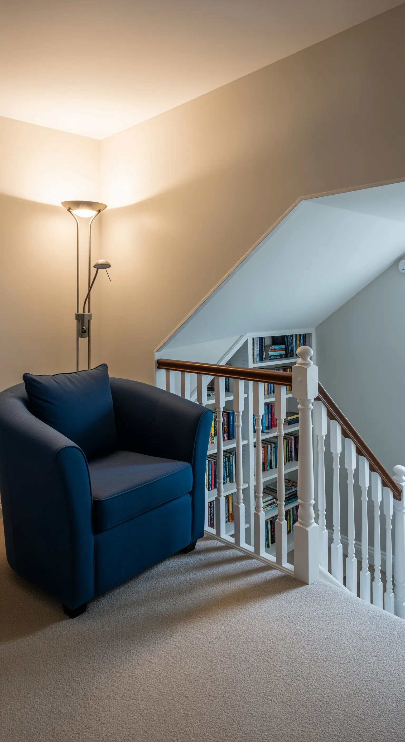 Poltrona blu posizionata su un pianerottolo, trasformato in un piccolo angolo lettura.