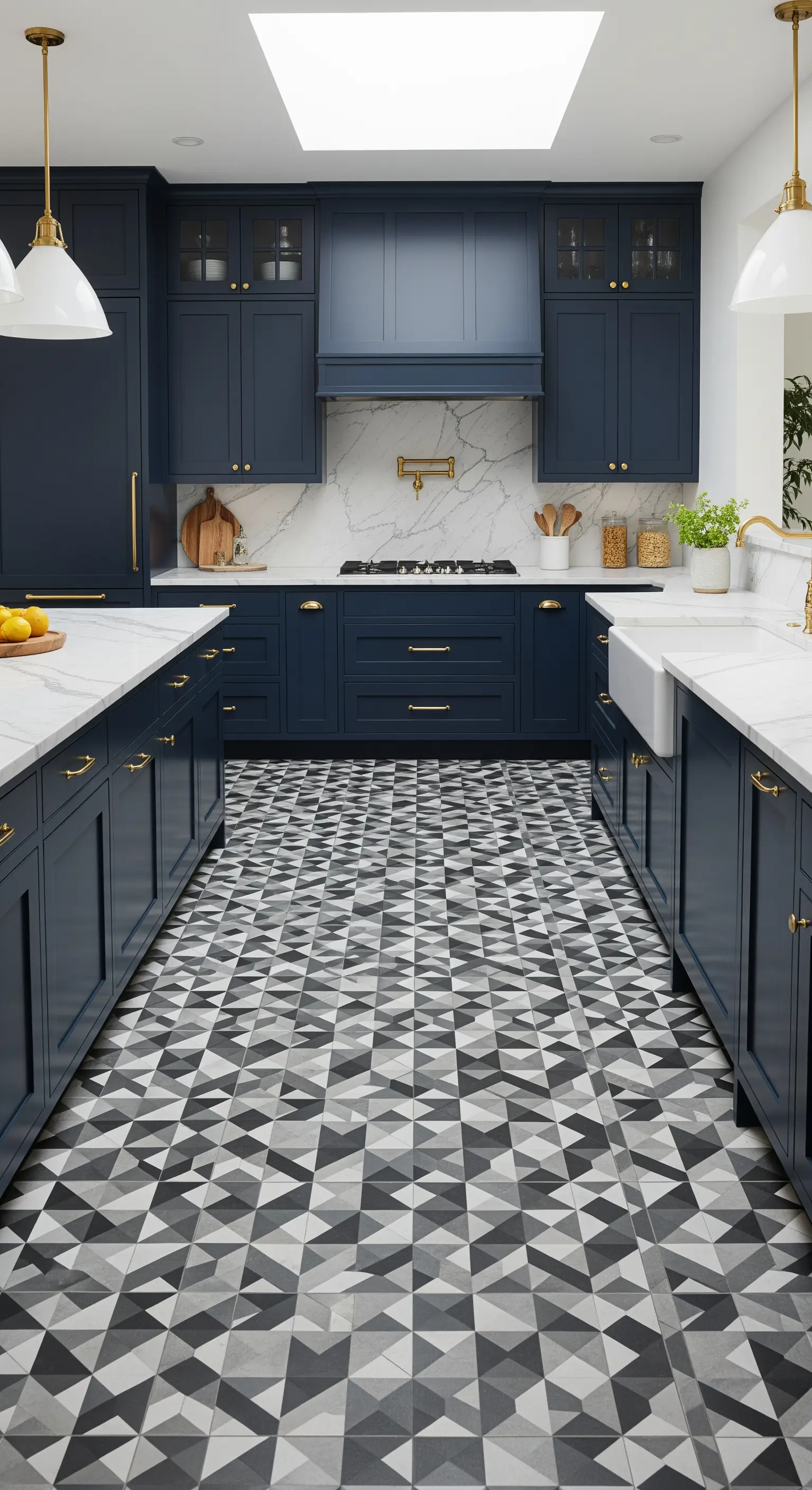 Cucina blu navy con pavimento in piastrelle a motivo geometrico bianco e nero.