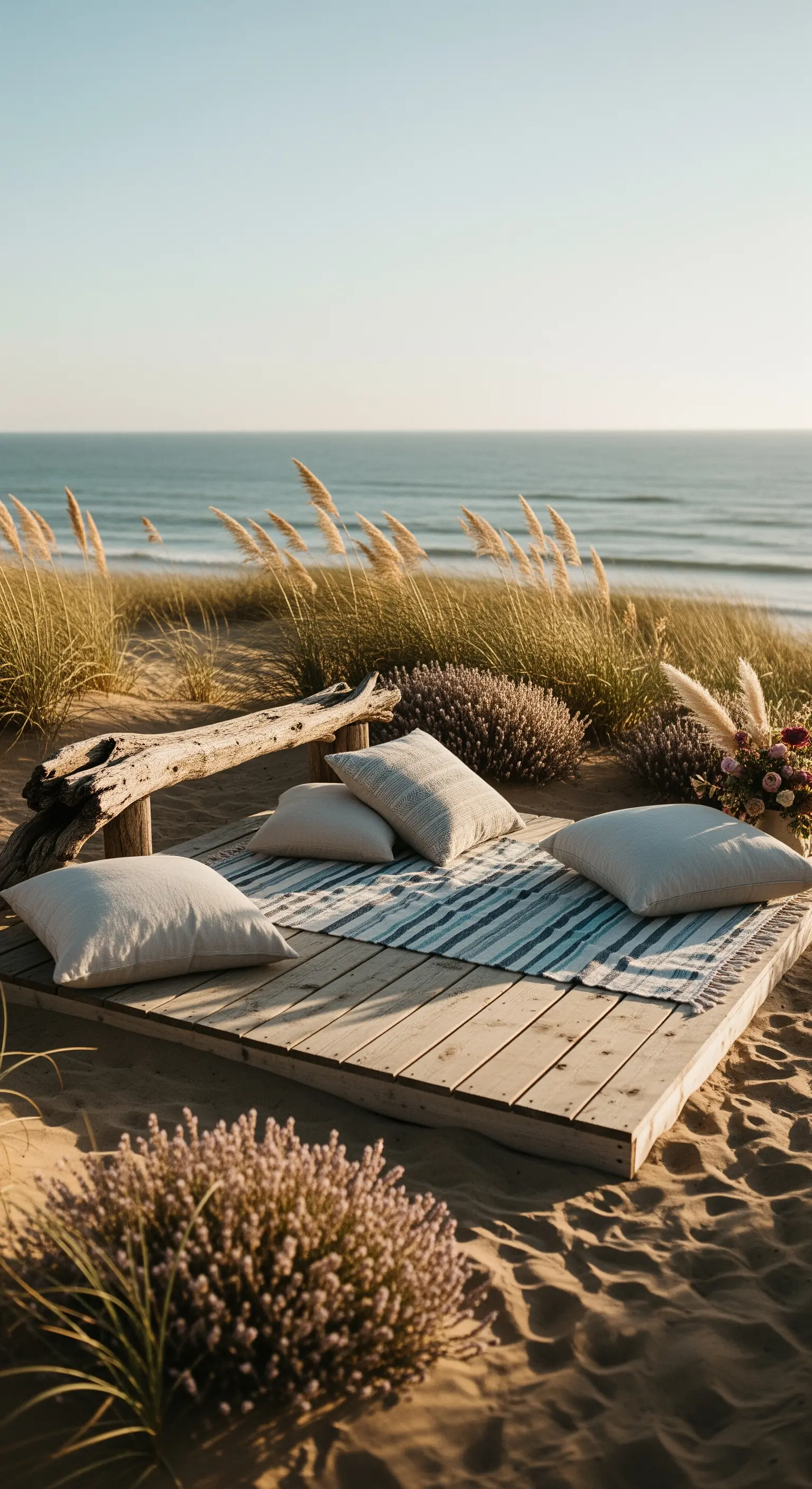 Pedana di legno sulla sabbia con tappeto a righe, cuscini chiari e vista sul mare.