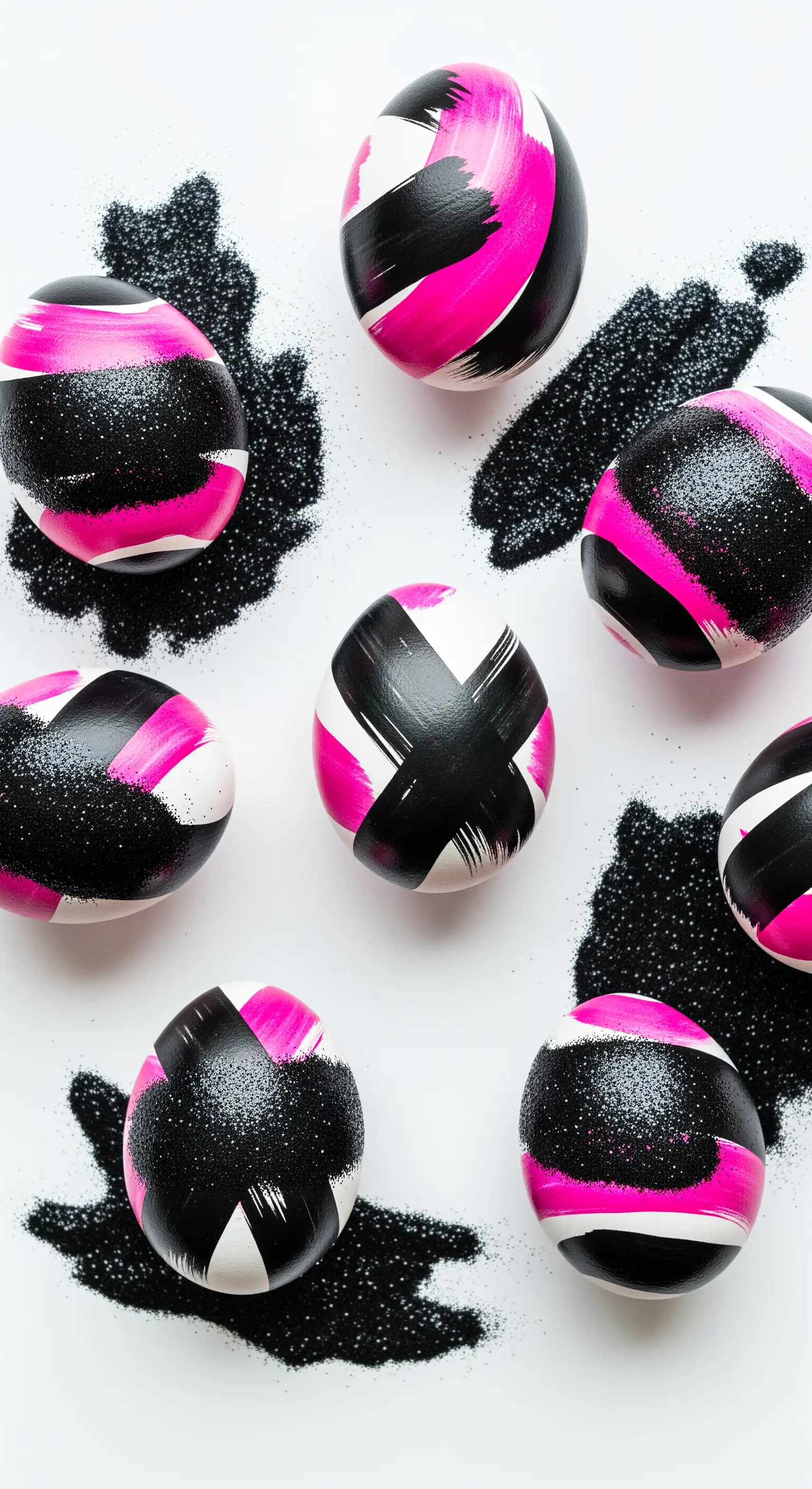 Uova con pennellate incrociate di nero e fucsia, con glitter nero sulla vernice scura.