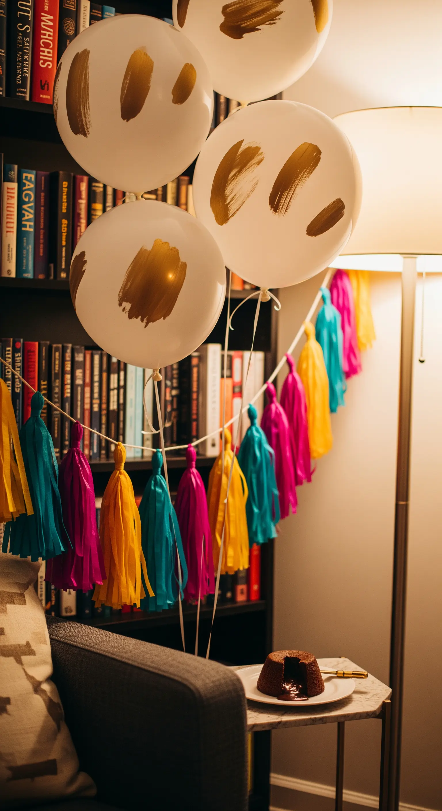 Palloncini bianchi decorati con pennellate dorate e una ghirlanda di nappe colorate in un salotto.