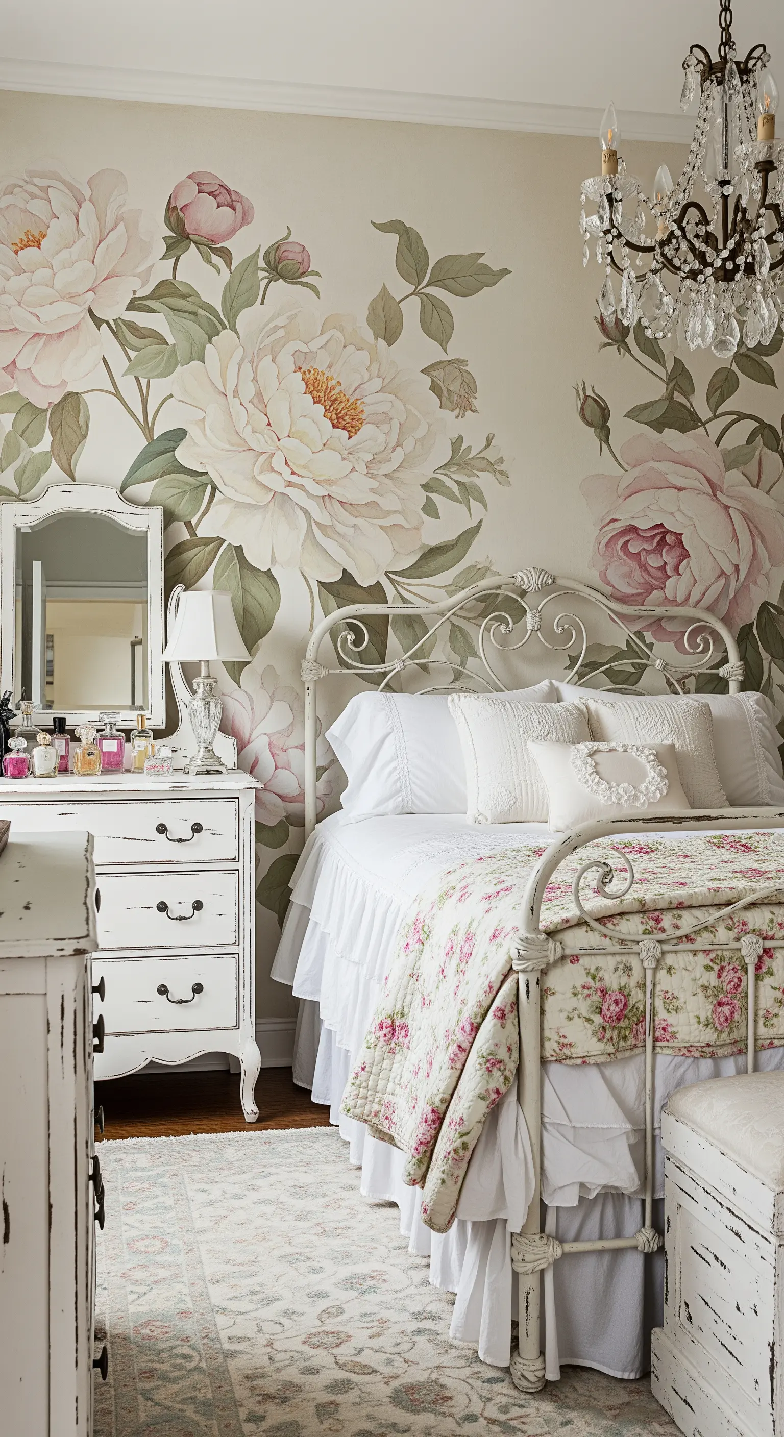 Camera da letto shabby chic con un grande murale a tema peonie e mobili bianchi decapati.