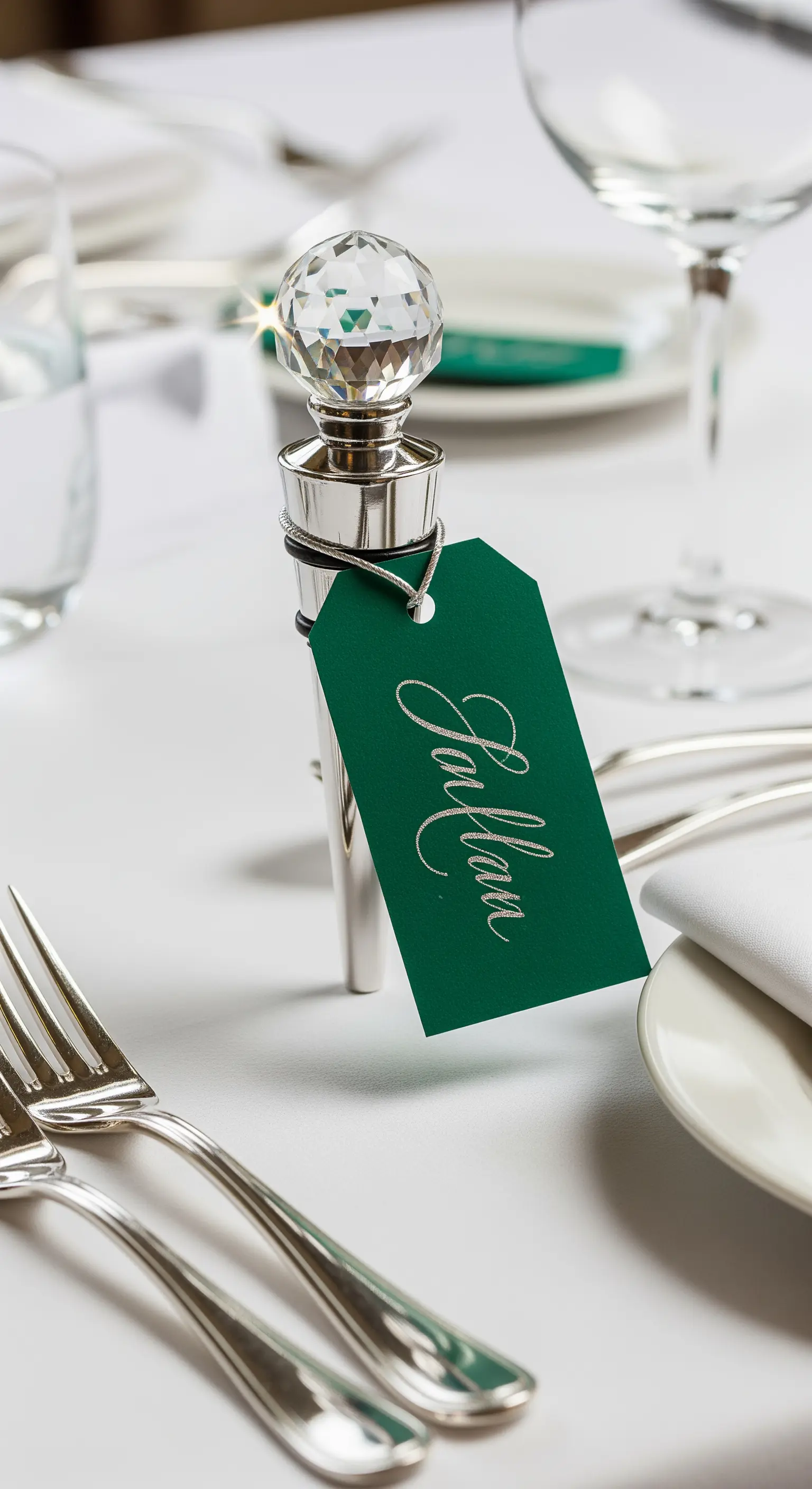 Tappo per bottiglia di vino con cristallo e cartellino verde con nome.