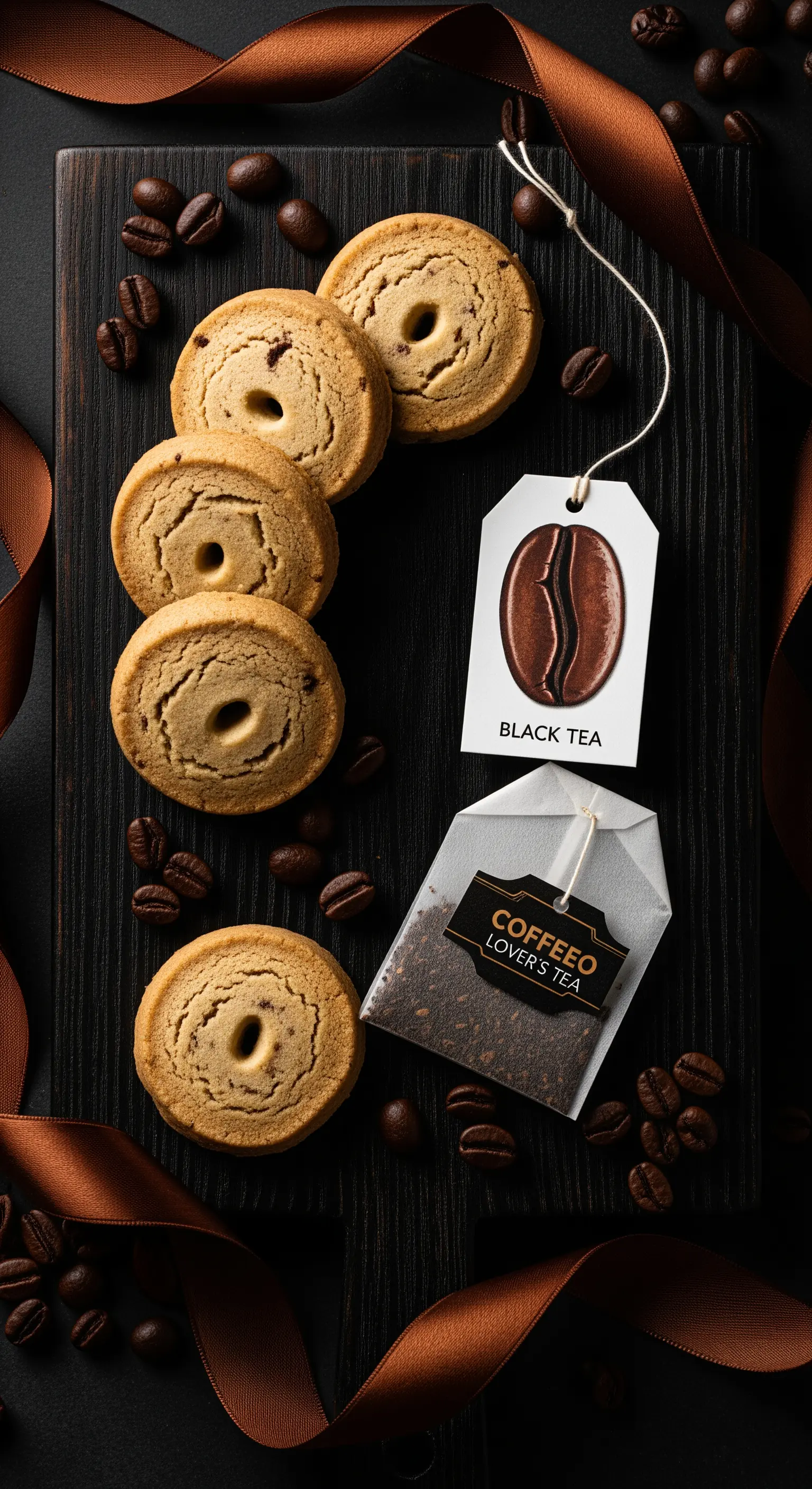 Biscotti e tè al caffè su un tagliere scuro con chicchi di caffè sparsi.