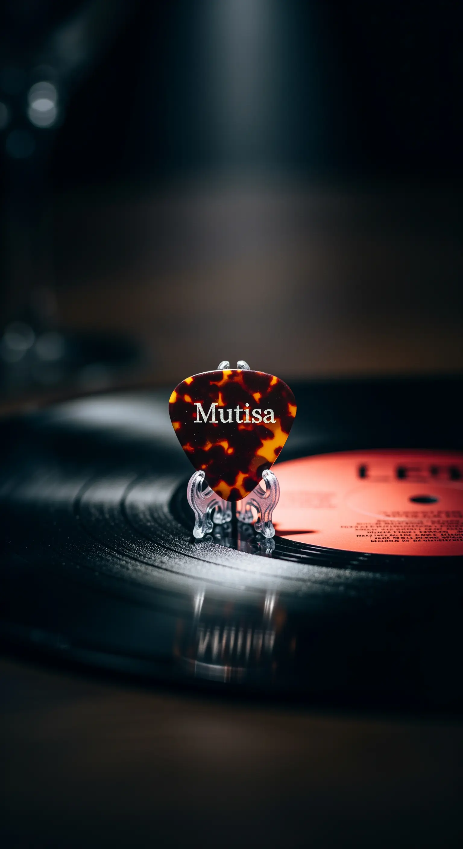Plettro per chitarra personalizzato con nome, appoggiato su un disco in vinile.