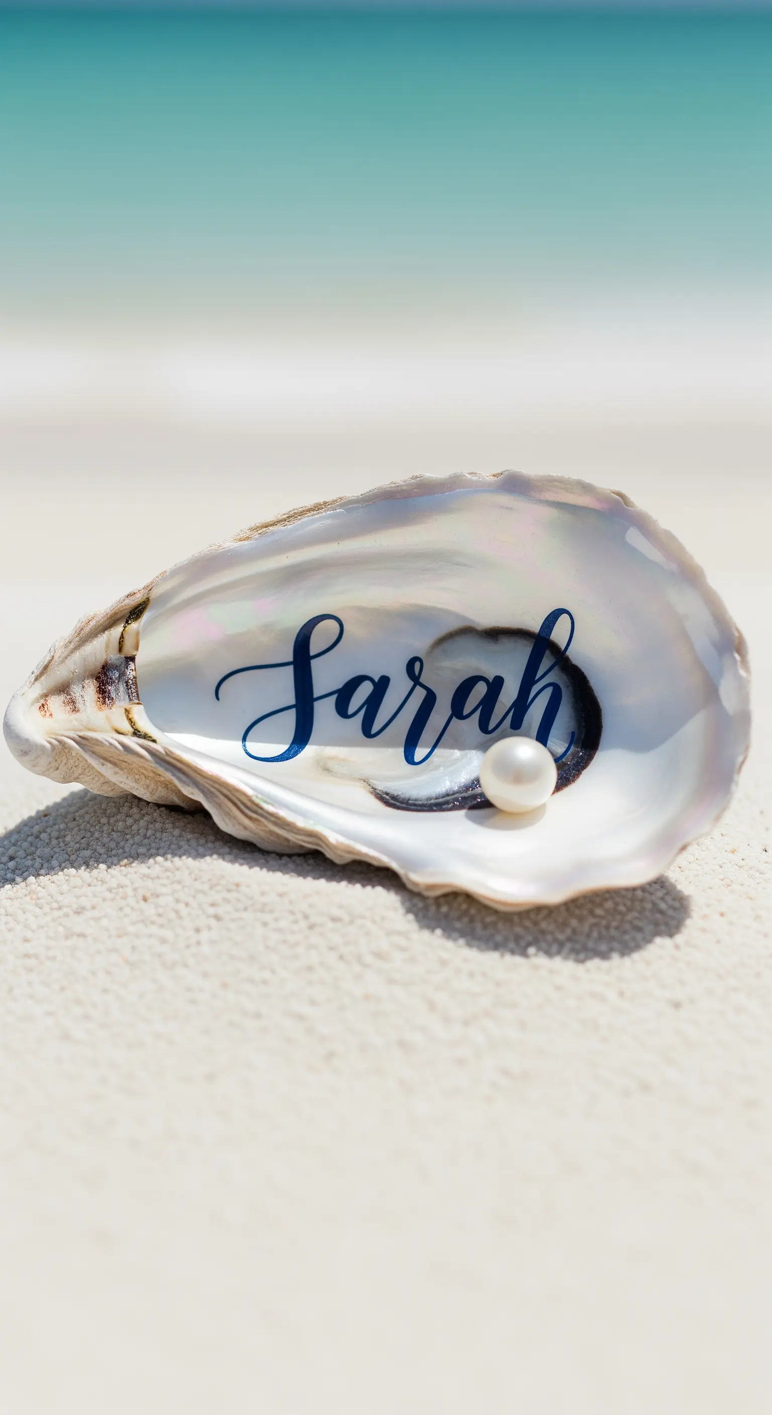 Conchiglia d'ostrica con interno madreperlato, nome calligrafico e una piccola perla.