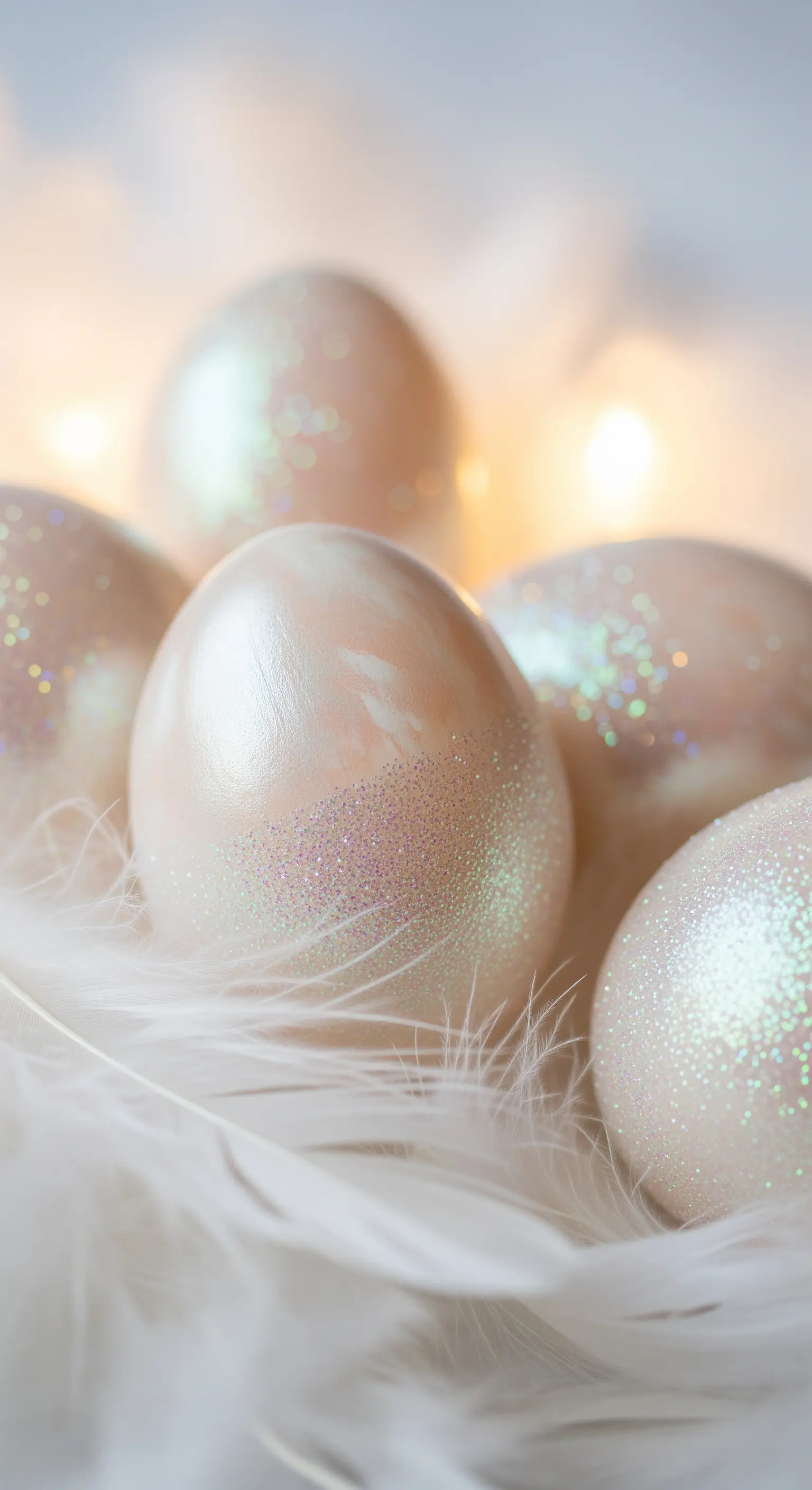 Uova pasquali perlescenti con glitter olografico, adagiate su piume bianche.