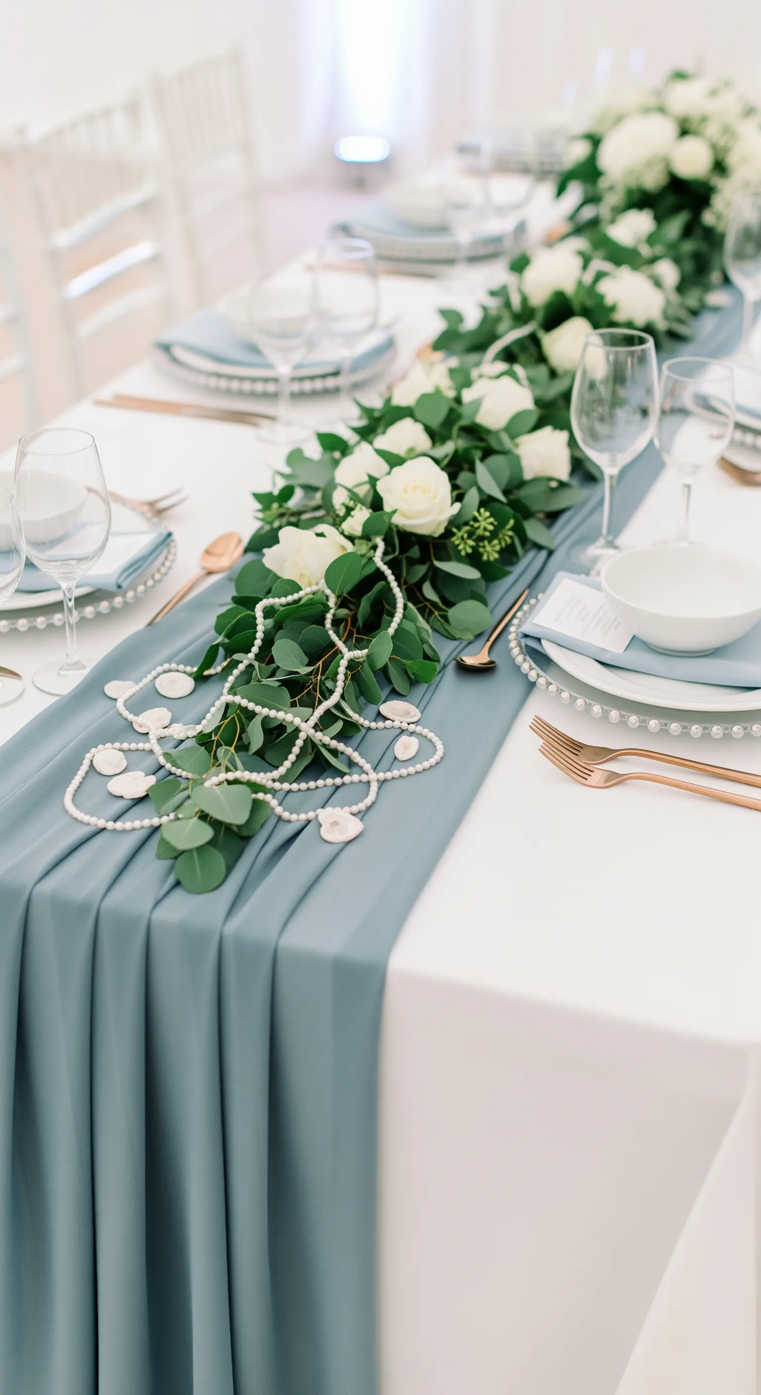 Tavola da matrimonio con runner azzurro, ghirlanda di eucalipto e perle.