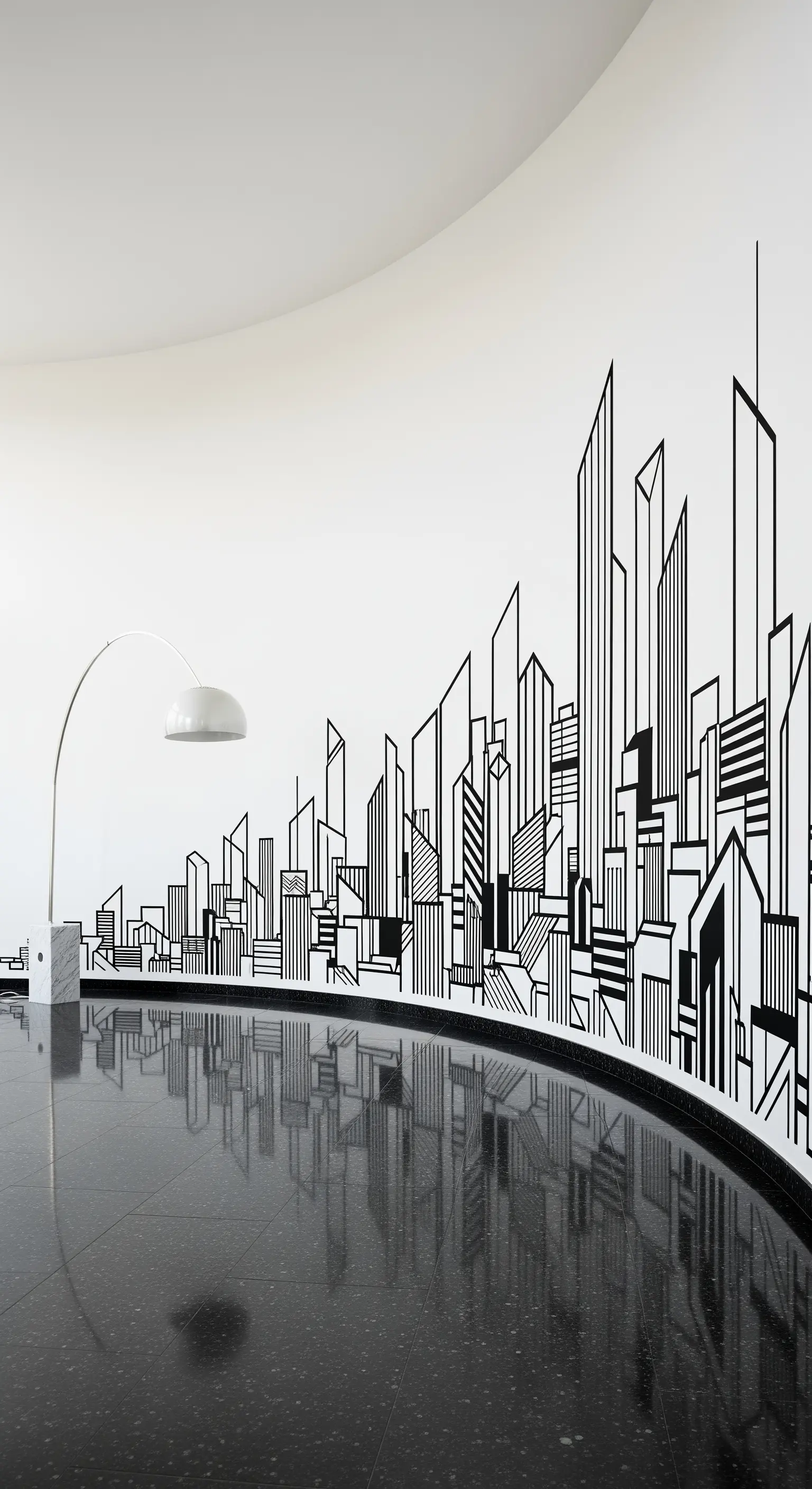 Murale stilizzato in nero dello skyline di una città su una grande parete bianca curva.