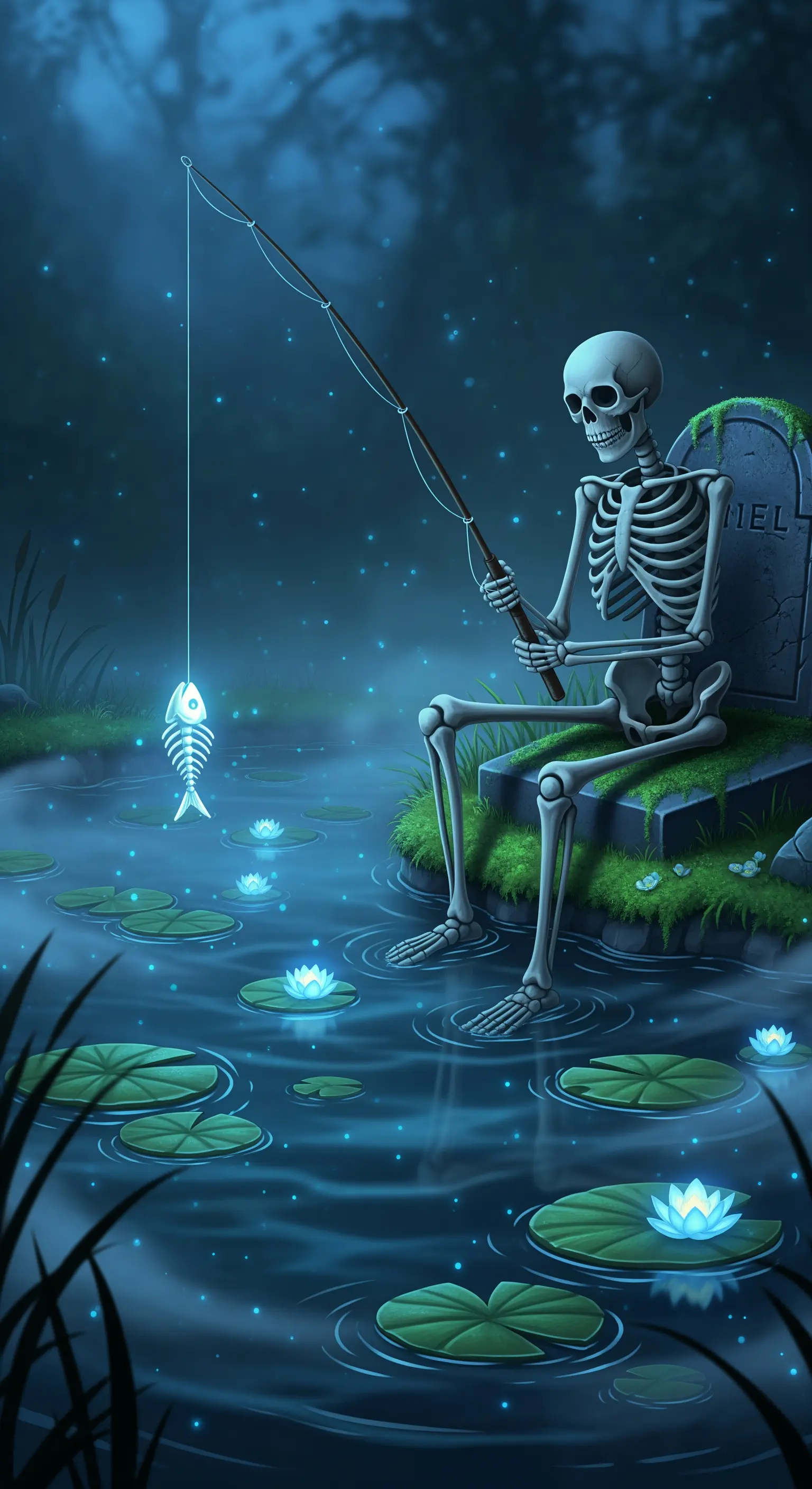 Uno scheletro pesca un pesce luminoso in un lago notturno con ninfee illuminate.