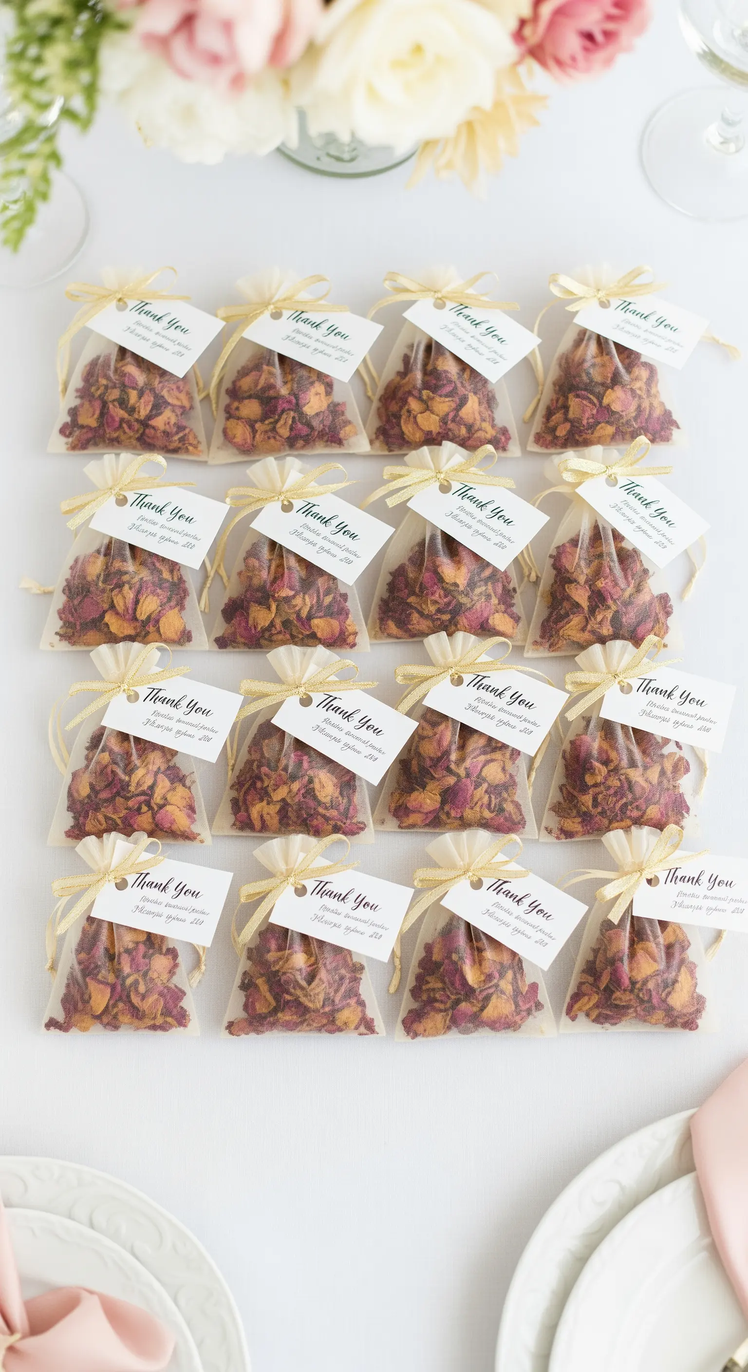 Bomboniere realizzate con sacchetti di organza pieni di petali di rosa essiccati.