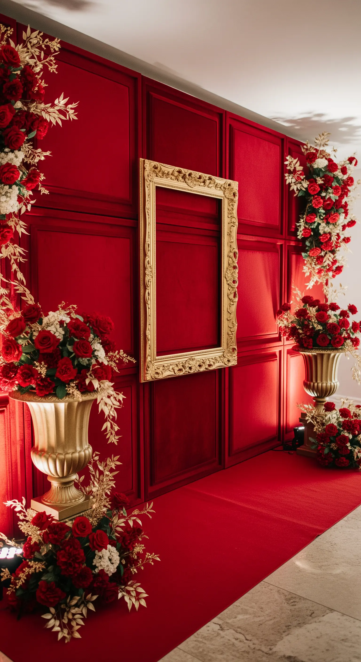 Photo booth con parete di fondo in velluto rosso e una grande cornice dorata vuota.