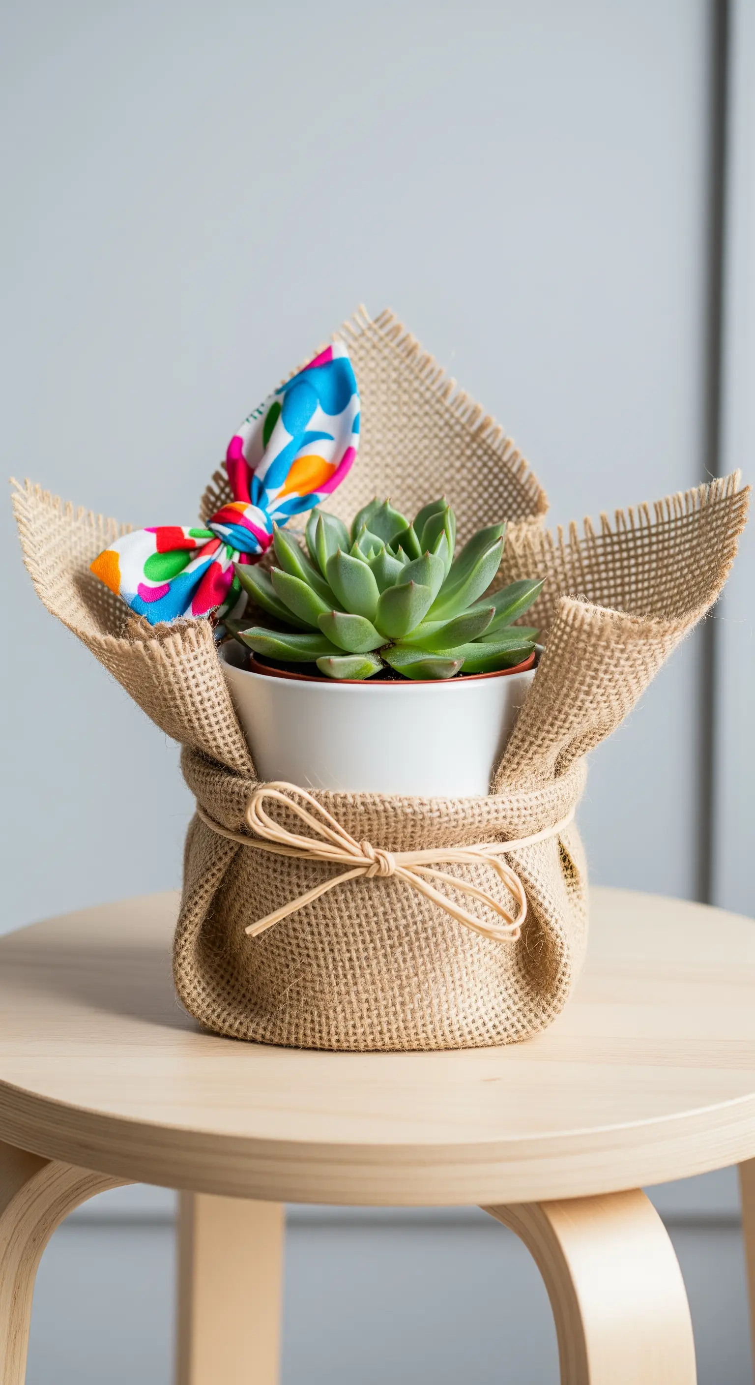 Una pianta grassa in un vasetto bianco, avvolta in tela di iuta e decorata con un fiocco colorato.