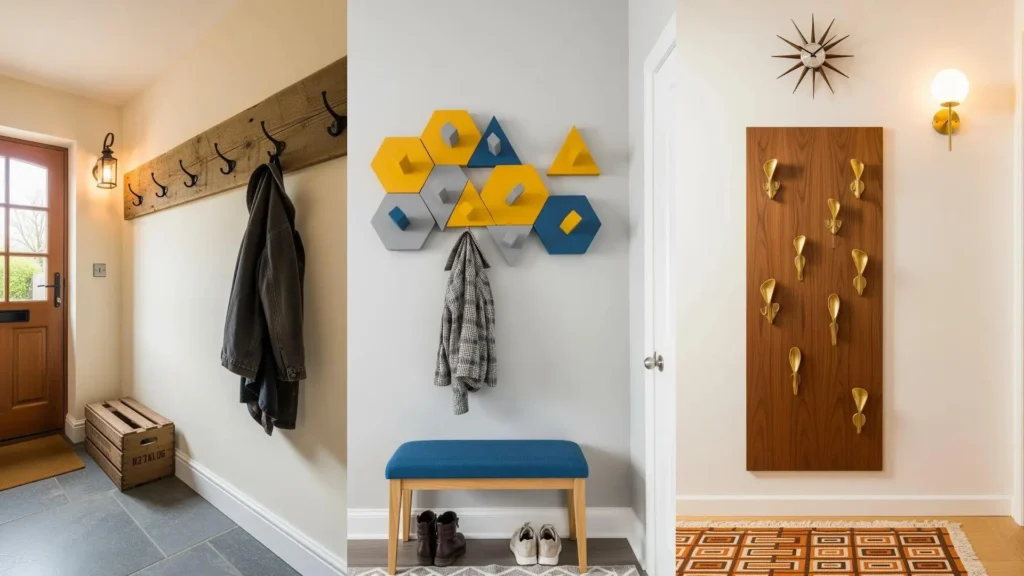 Tre ingressi moderni con appendiabiti salvaspazio: design geometrico, rustico in legno e ganci dorati creativi per massimizzare lo spazio.