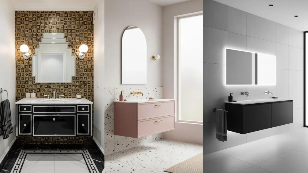 Tre bagni moderni con eleganti mobili sospesi, trasformati in accoglienti oasi di design. Perfetto per piccoli spazi.