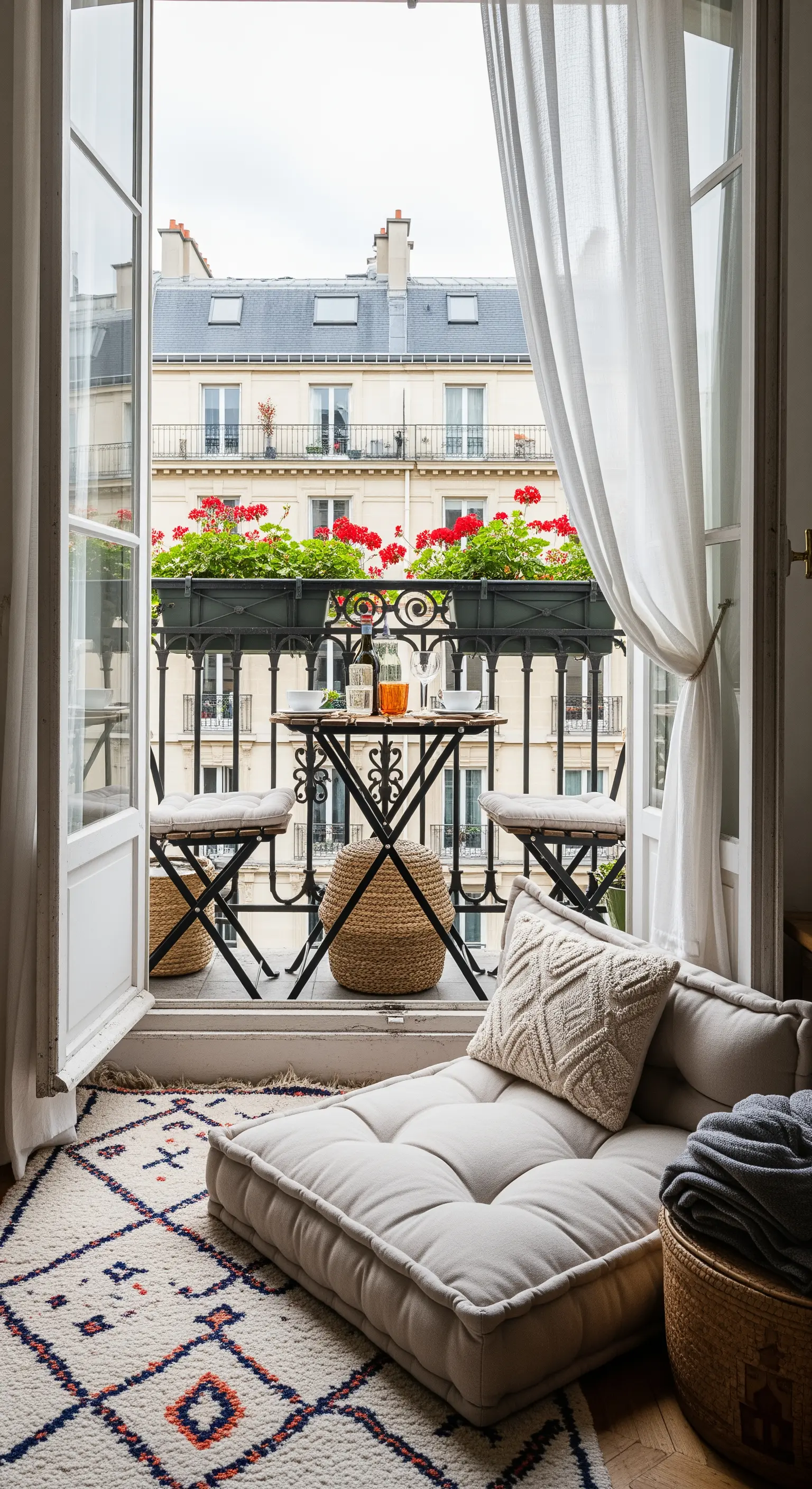 Balcone parigino visto dall'interno, con cuscino da pavimento, tappeto e tavolino da bistrò.