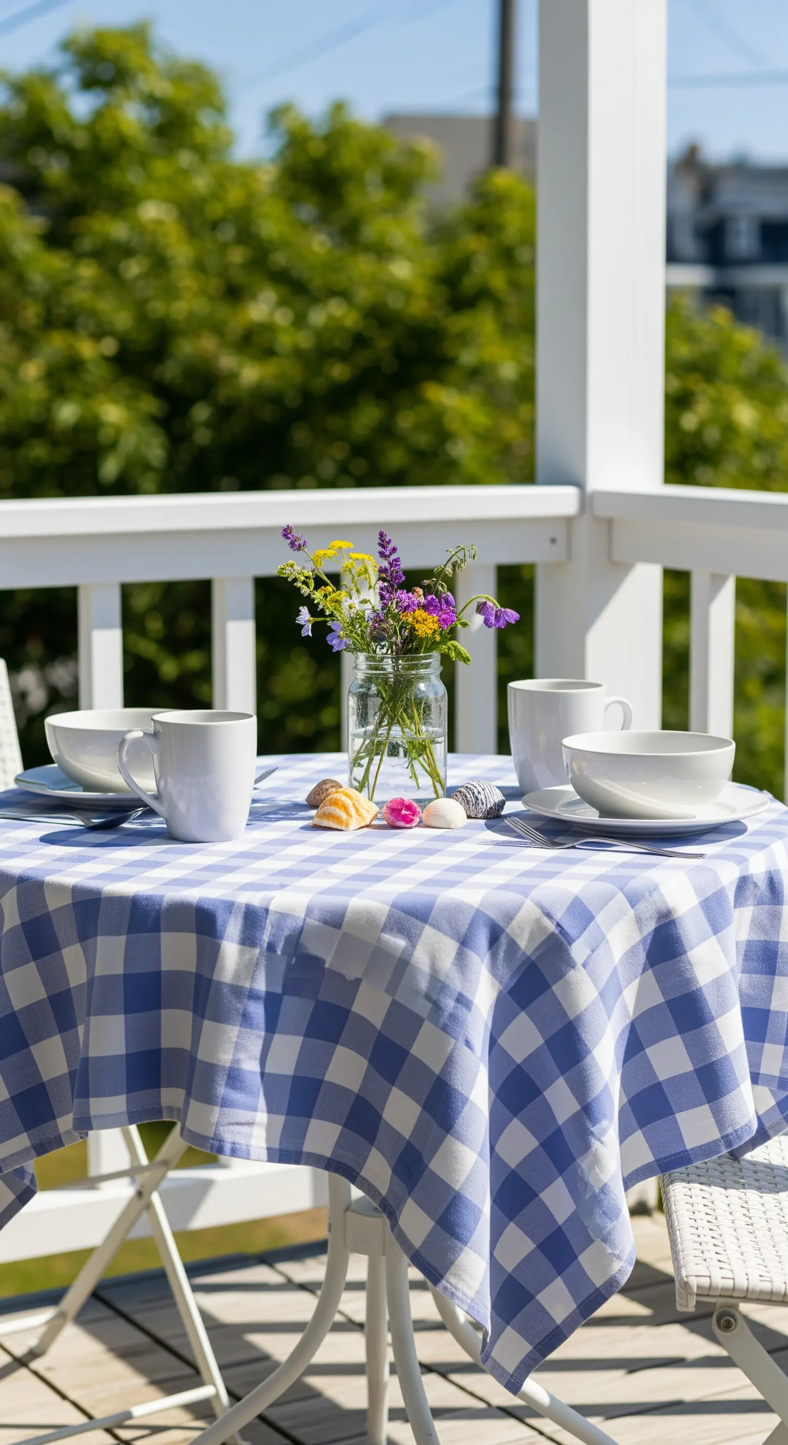 Tavolino da esterno con tovaglia a quadretti blu e un vaso di fiori di campo.