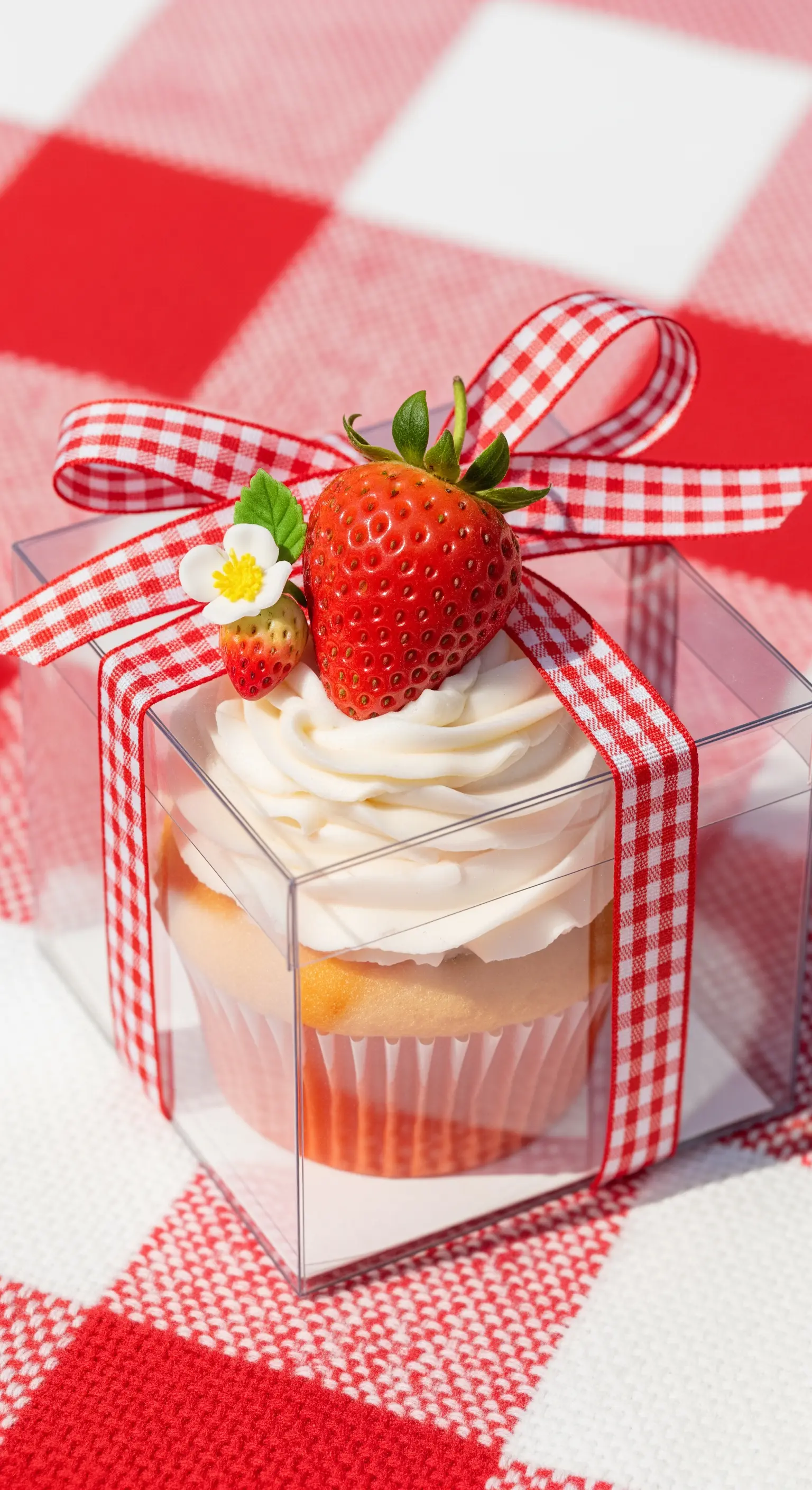 Cupcake con fragola fresca, confezionato con nastro a quadretti rossi e bianchi.