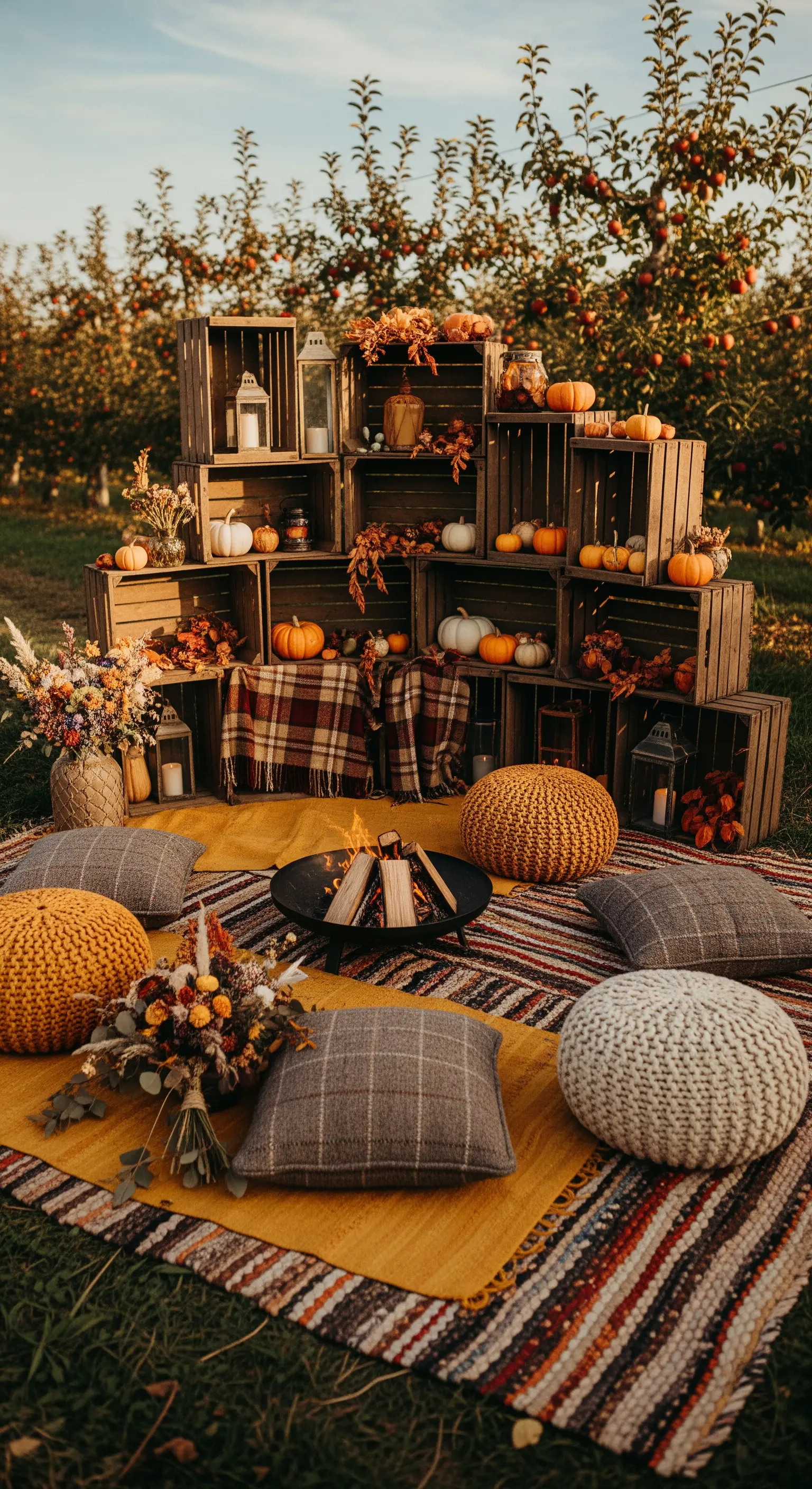 Allestimento autunnale in un frutteto con cassette di legno, zucche, pouf di lana e braciere.